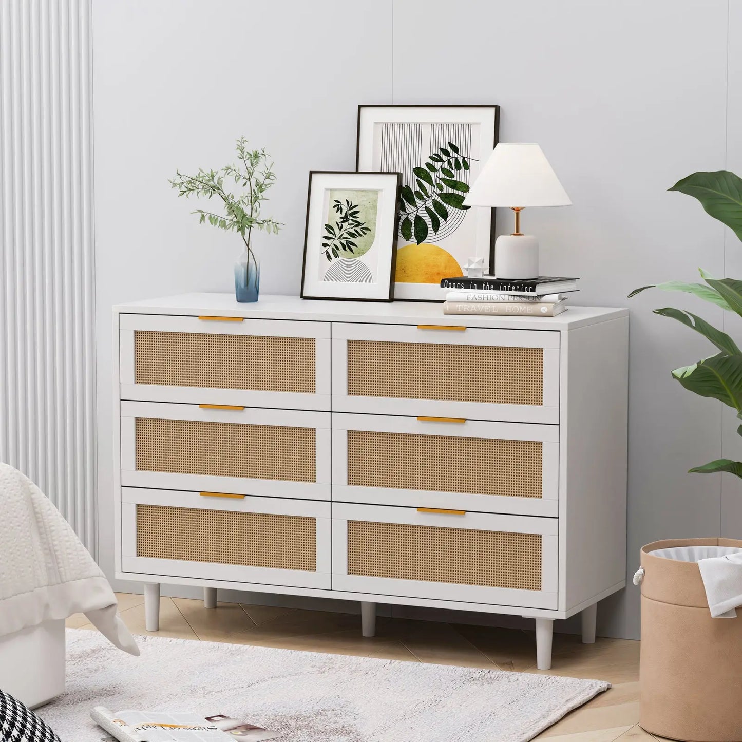 43.31"6-Drawers Rattan Storage Cabinet Rattan Drawer,for Bedroom,Living Room,White qbmgp8-fy