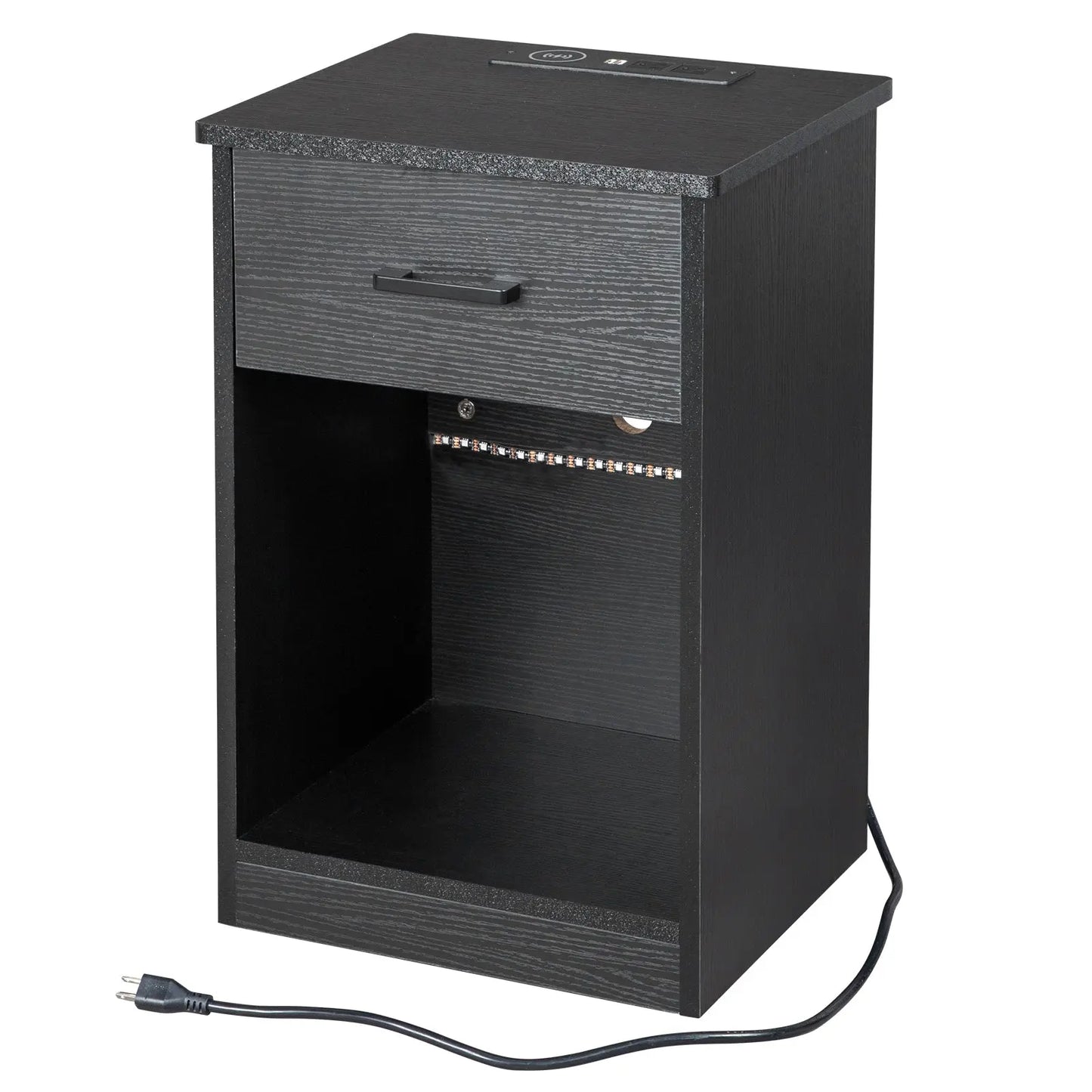 40*35*60cm Particleboard Pasted Triamine Single Drawer With Socket With LED Light Bedside Table Black qbmgp8-fy