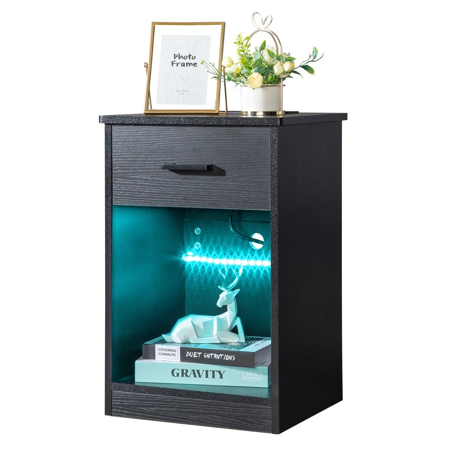 40*35*60cm Particleboard Pasted Triamine Single Drawer With Socket With LED Light Bedside Table Black qbmgp8-fy
