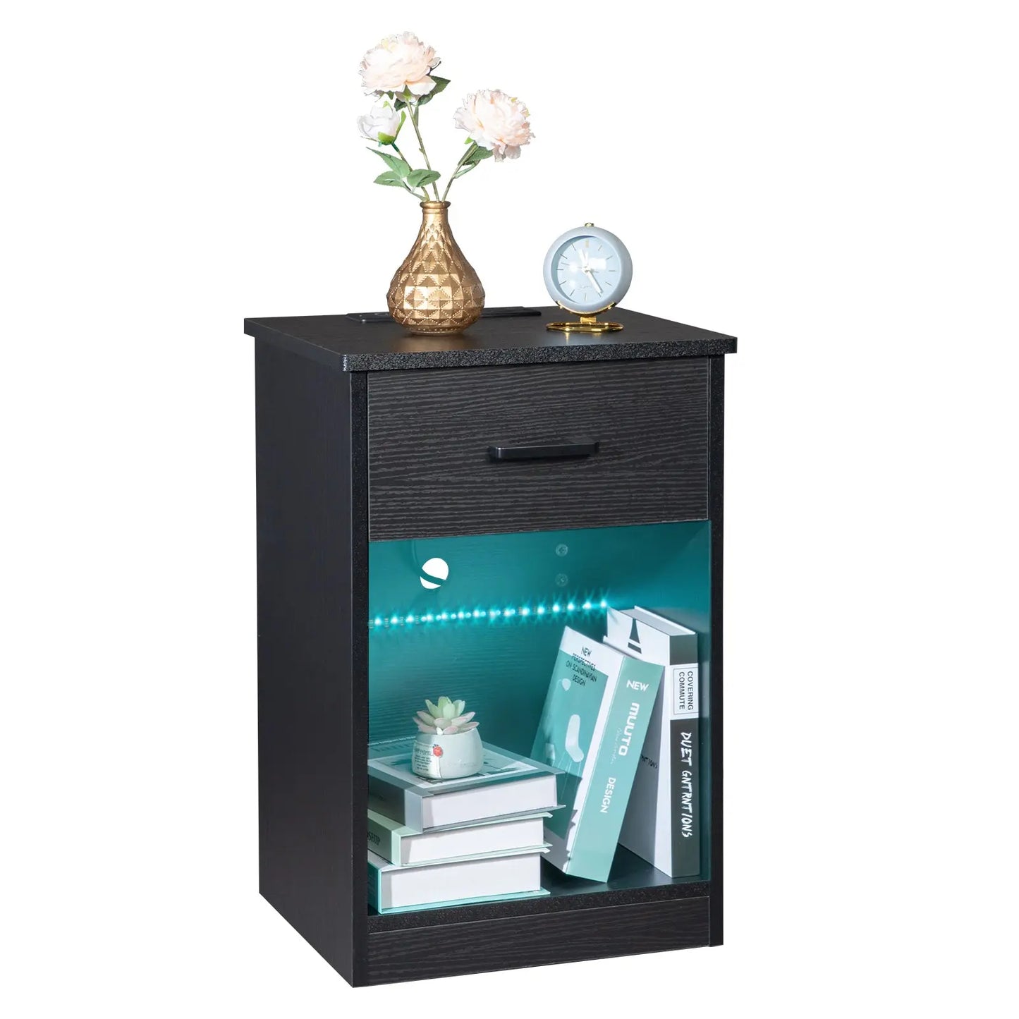 40*35*60cm Particleboard Pasted Triamine Single Drawer With Socket With LED Light Bedside Table Black qbmgp8-fy