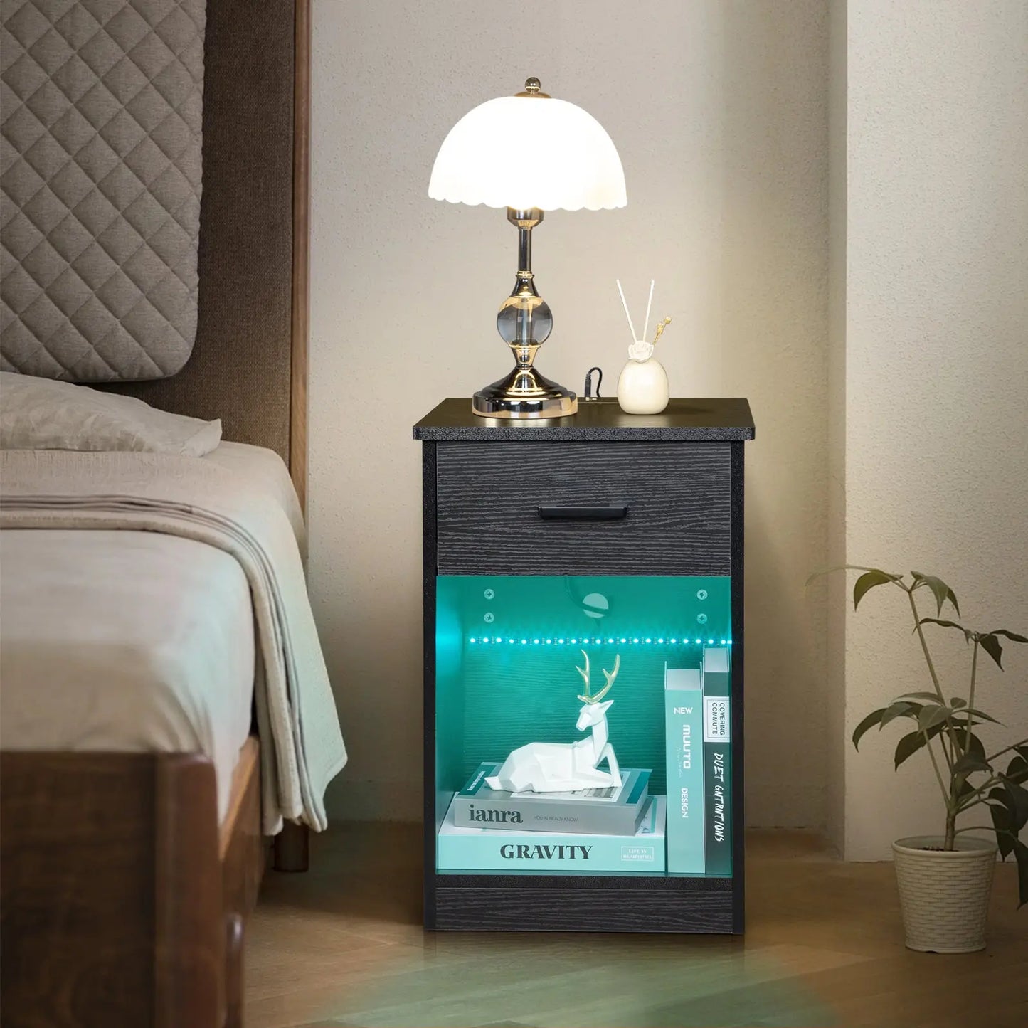 40*35*60cm Particleboard Pasted Triamine Single Drawer With Socket With LED Light Bedside Table Black qbmgp8-fy