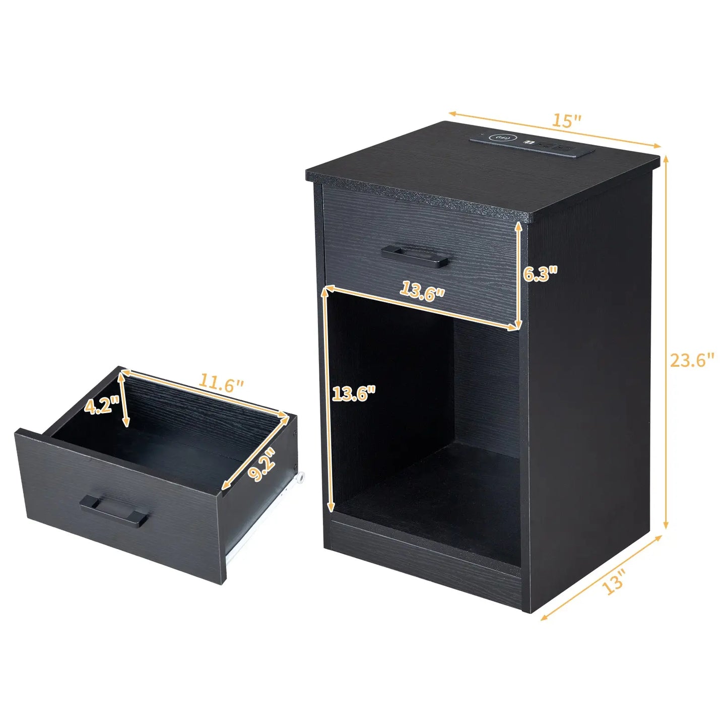 40*35*60cm Particleboard Pasted Triamine Single Drawer With Socket With LED Light Bedside Table Black qbmgp8-fy
