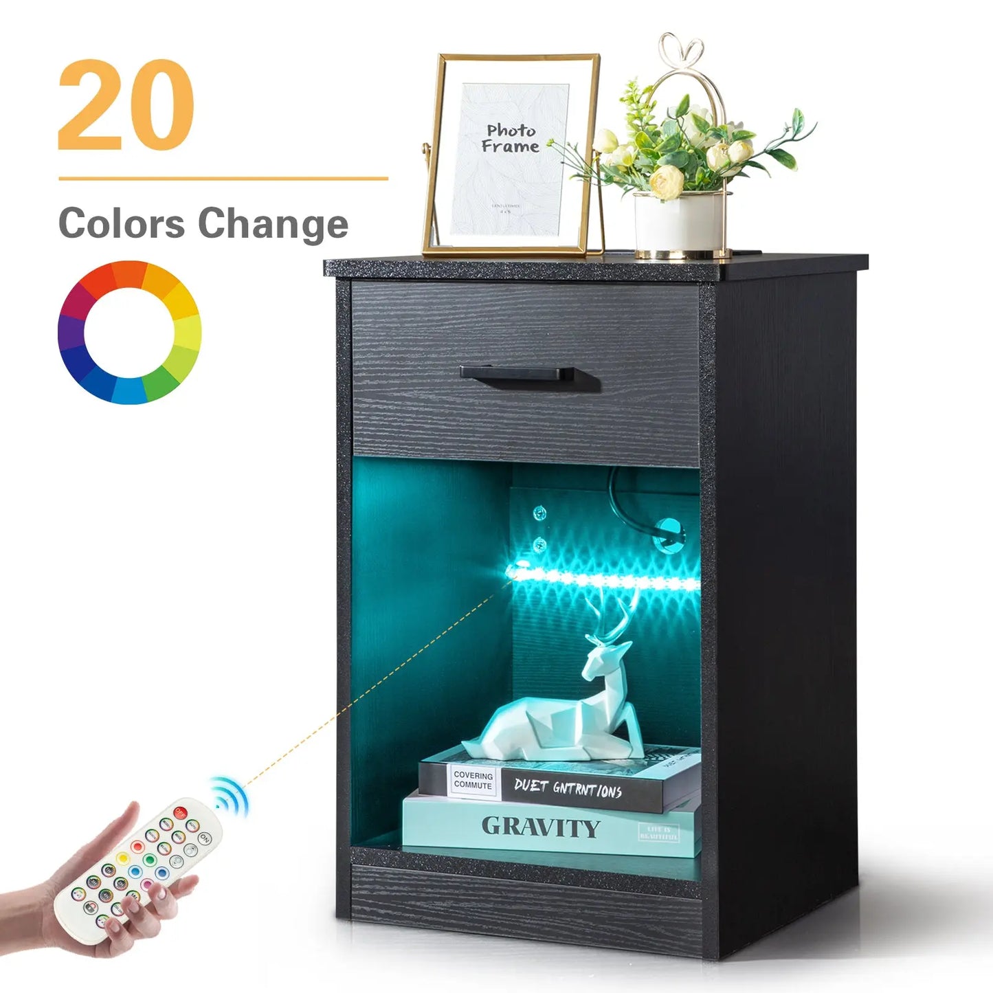 40*35*60cm Particleboard Pasted Triamine Single Drawer With Socket With LED Light Bedside Table Black qbmgp8-fy