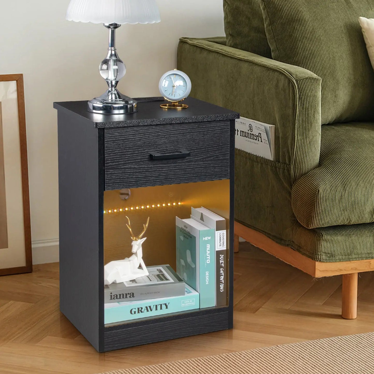 40*35*60cm Particleboard Pasted Triamine Single Drawer With Socket With LED Light Bedside Table Black qbmgp8-fy