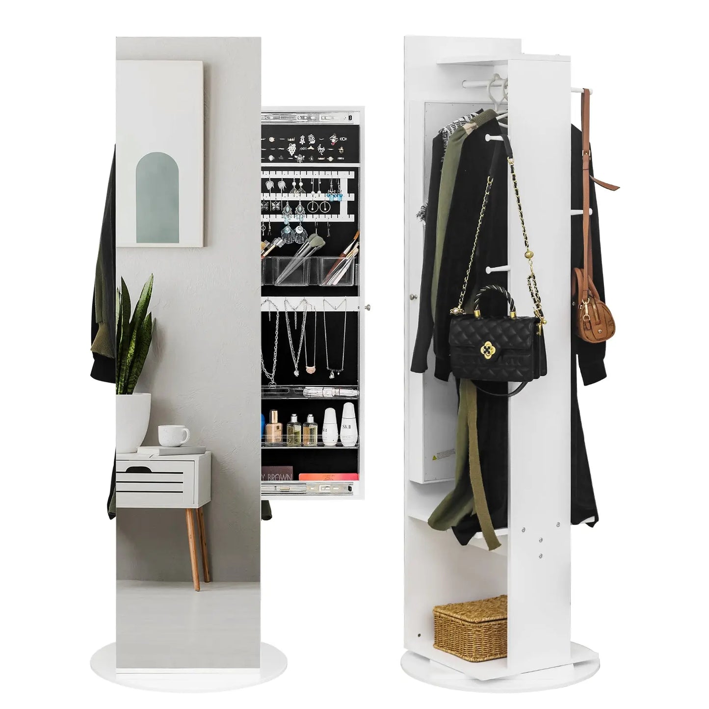 Jewelry Armoire with Full Length Mirror 360° and Large Capacity Jewelry Organizer Armoire, Mirror with Jewelry Storage, Coat Rack,Multi Storage Shelves qbmgp8-fy