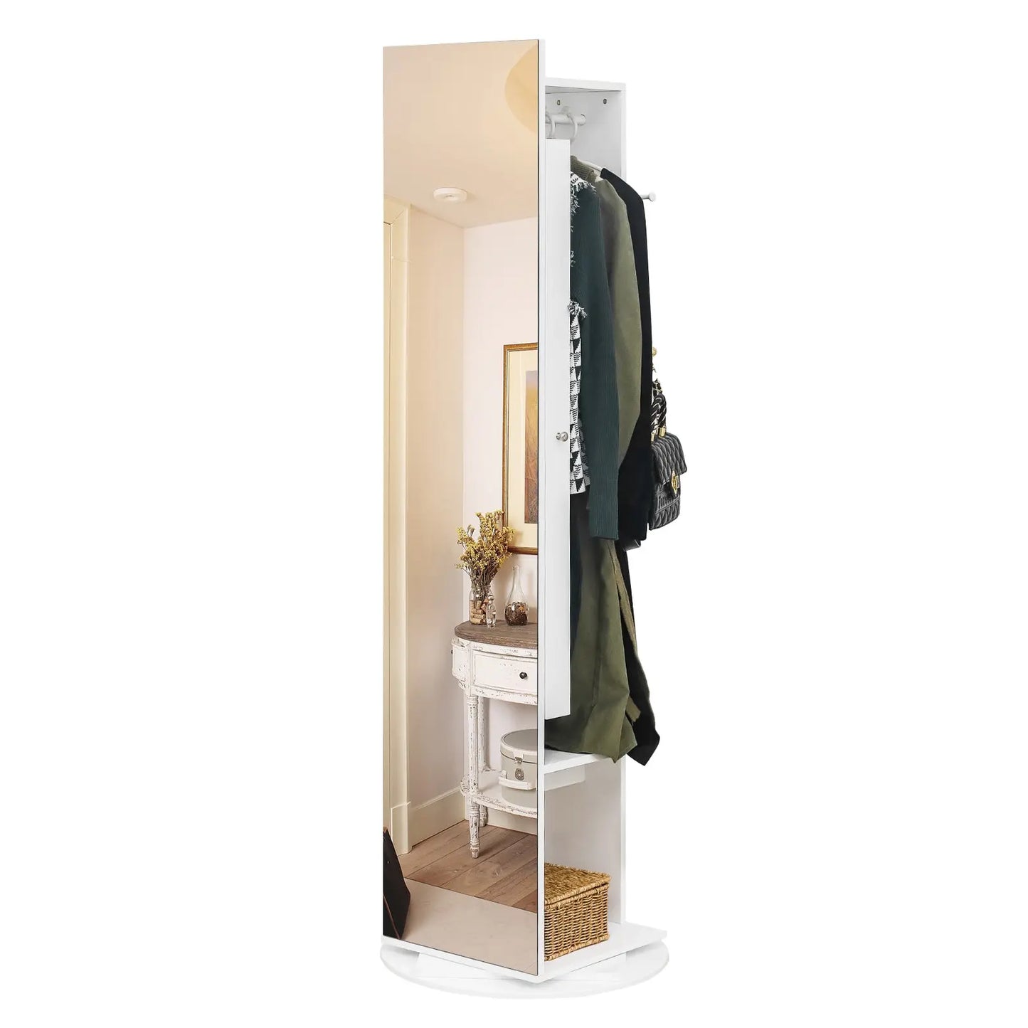 Jewelry Armoire with Full Length Mirror 360° and Large Capacity Jewelry Organizer Armoire, Mirror with Jewelry Storage, Coat Rack,Multi Storage Shelves qbmgp8-fy