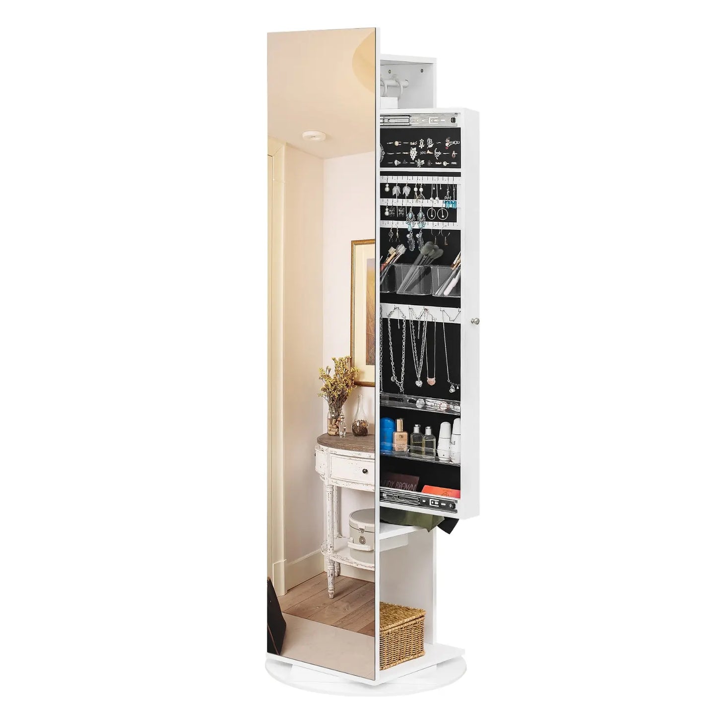 Jewelry Armoire with Full Length Mirror 360° and Large Capacity Jewelry Organizer Armoire, Mirror with Jewelry Storage, Coat Rack,Multi Storage Shelves qbmgp8-fy
