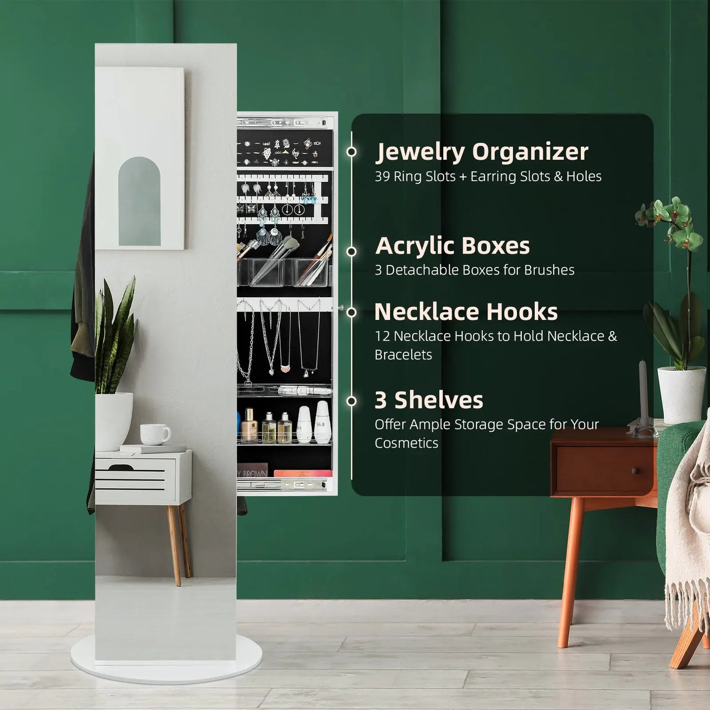 Jewelry Armoire with Full Length Mirror 360° and Large Capacity Jewelry Organizer Armoire, Mirror with Jewelry Storage, Coat Rack,Multi Storage Shelves qbmgp8-fy