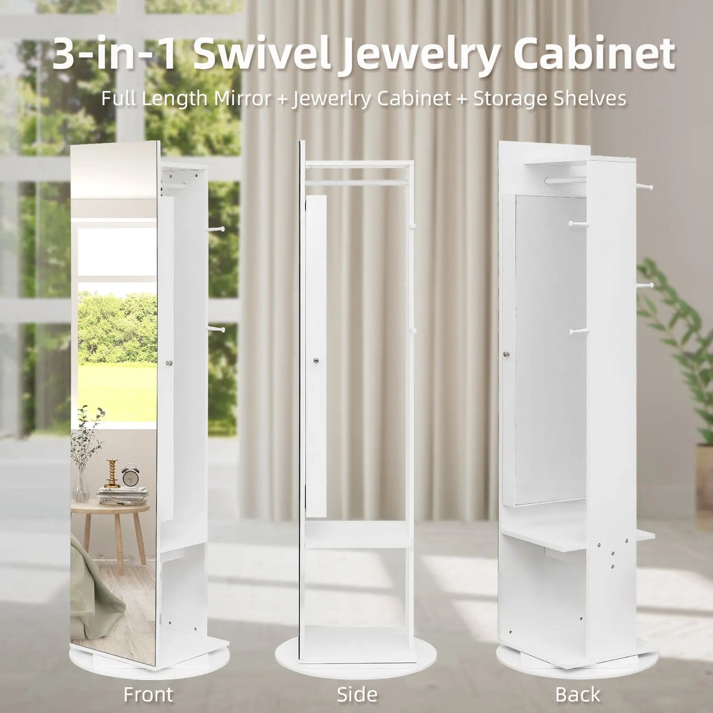 Jewelry Armoire with Full Length Mirror 360° and Large Capacity Jewelry Organizer Armoire, Mirror with Jewelry Storage, Coat Rack,Multi Storage Shelves qbmgp8-fy