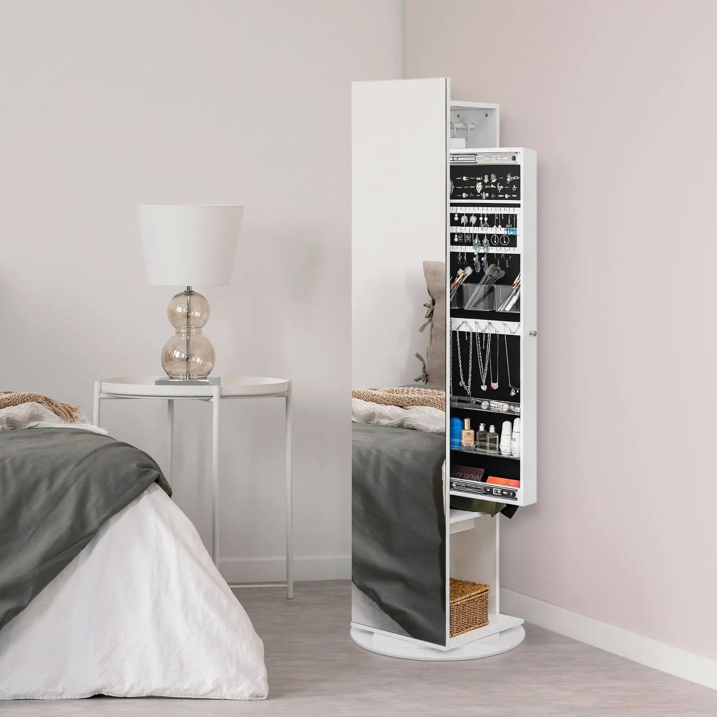 Jewelry Armoire with Full Length Mirror 360° and Large Capacity Jewelry Organizer Armoire, Mirror with Jewelry Storage, Coat Rack,Multi Storage Shelves qbmgp8-fy