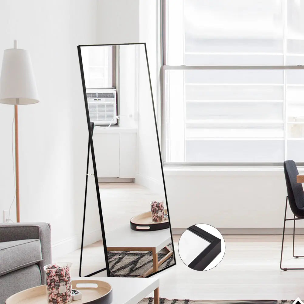 Full Length Mirror Floor Mirror Hanging Standing or Leaning, Bedroom Mirror Wall-Mounted Mirror with Black Aluminum Alloy Frame, 59" x 15.7" qbmgp8-fy