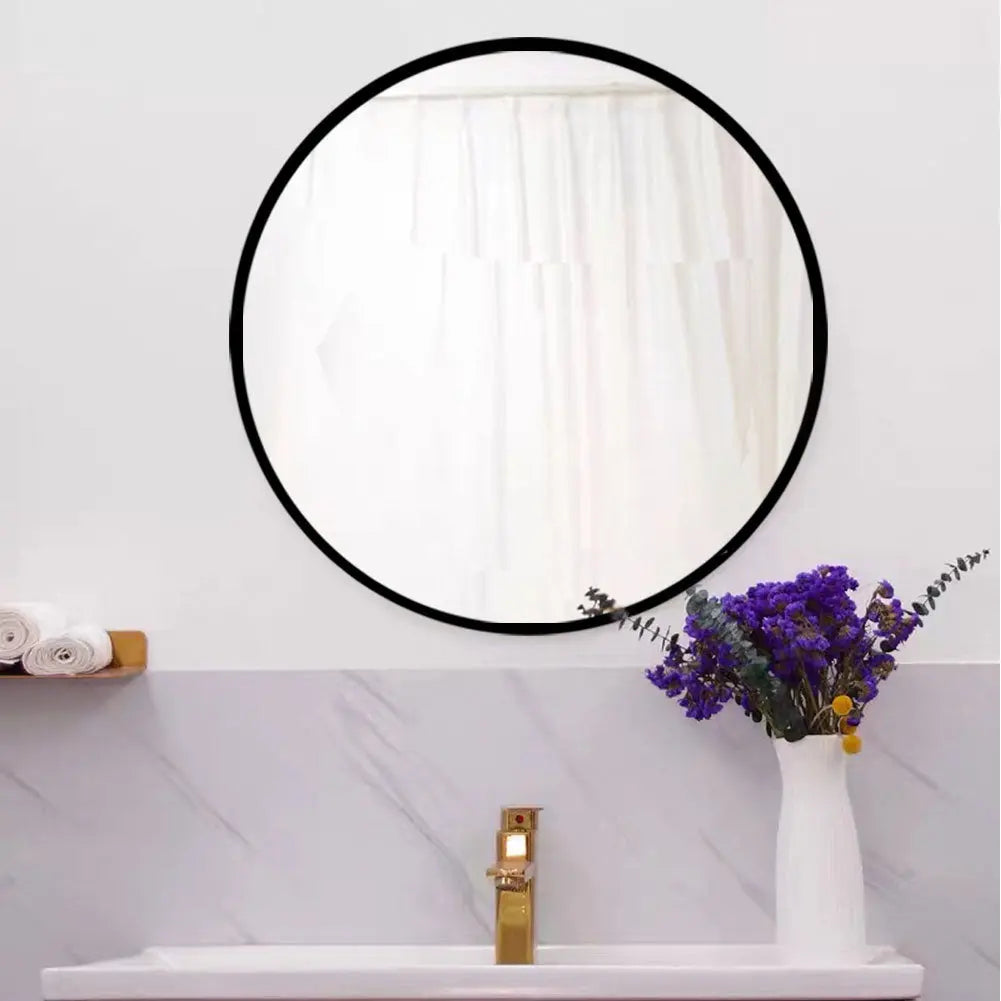 28" Wall Circle Mirror for Bathroom, Black Round Mirror for Wall, 28 inch Hanging Round Mirror for Living Room, Vanity, Bedroom qbmgp8-fy