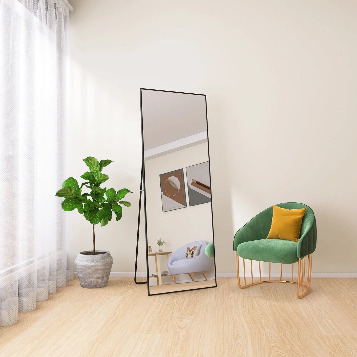 65" x 24" Wall Mounting Full Body Mirror, Full Length Mirror with Stand, Alloy Frame Full-Length Mirror for Living Room, Bedroom, Black qbmgp8-fy