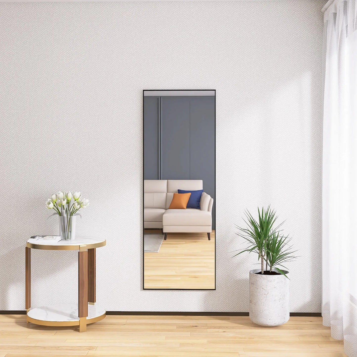 65" x 24" Wall Mounting Full Body Mirror, Full Length Mirror with Stand, Alloy Frame Full-Length Mirror for Living Room, Bedroom, Black qbmgp8-fy