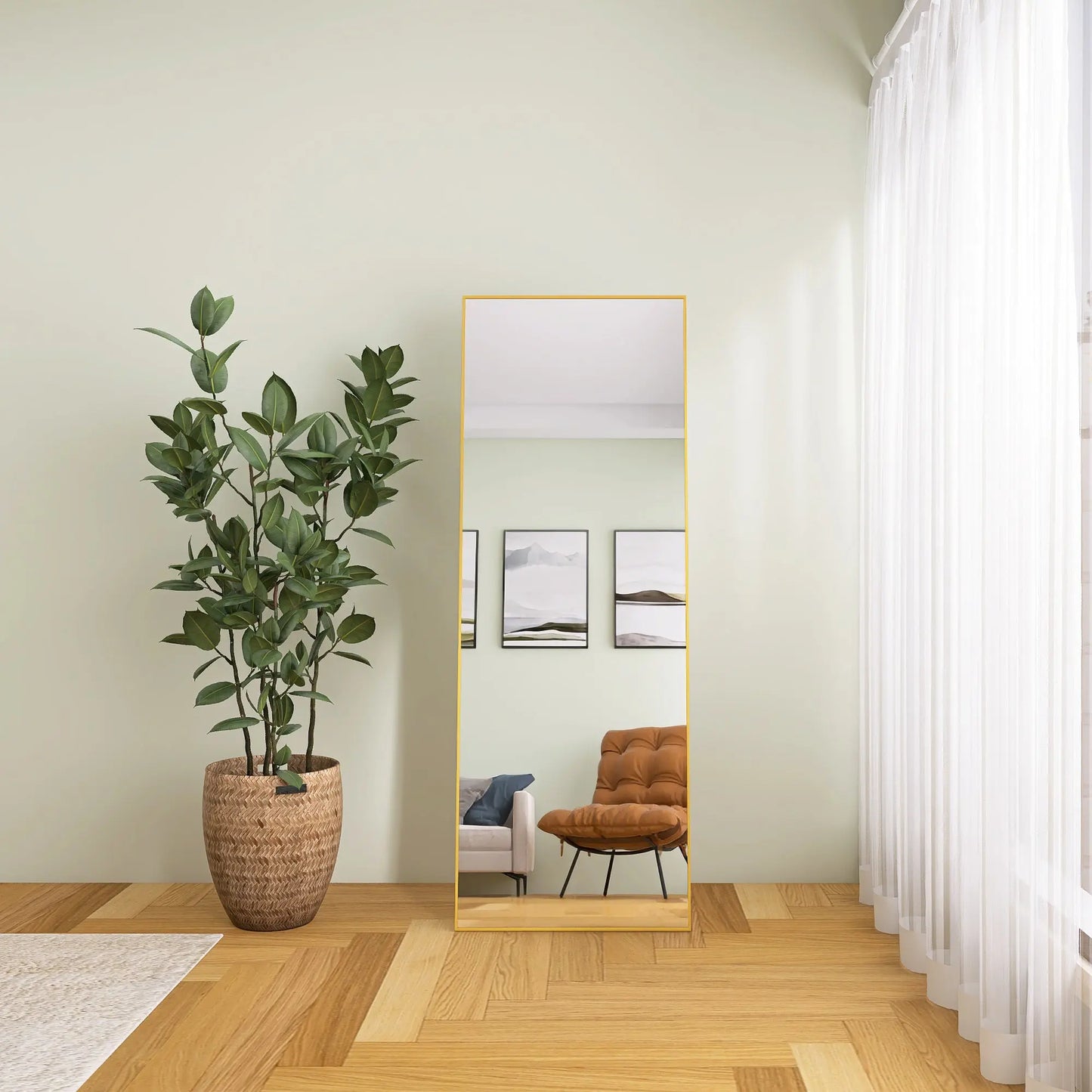 65" x 24" Wall Mounting Full Body Mirror, Full Length Mirror with Stand, Alloy Frame Full-Length Mirror for Living Room, Bedroom, Gold qbmgp8-fy