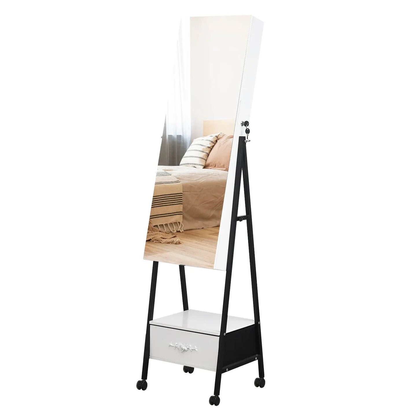 Full mirror wooden floor style, with 1 large drawer, 4 wheels, white light beads, jewelry storage mirror cabinet - white qbmgp8-fy