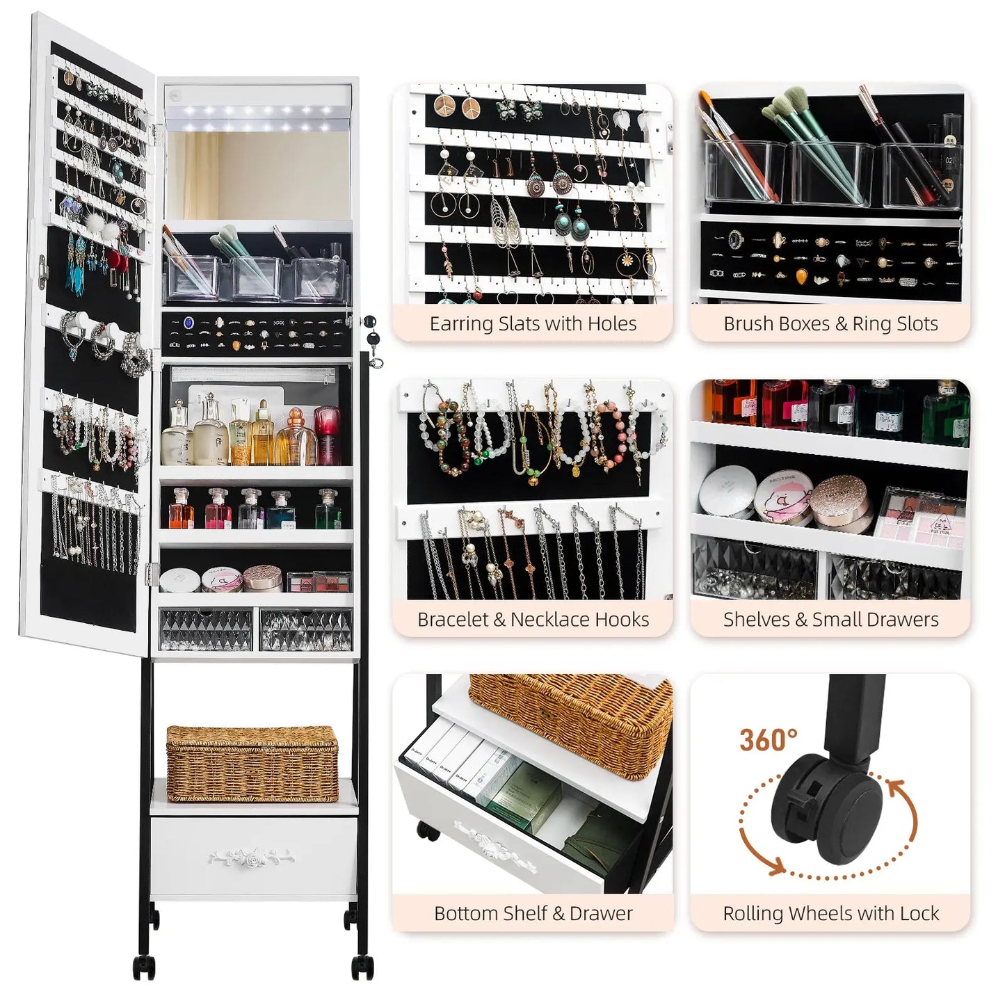 Full mirror wooden floor style, with 1 large drawer, 4 wheels, white light beads, jewelry storage mirror cabinet - white qbmgp8-fy