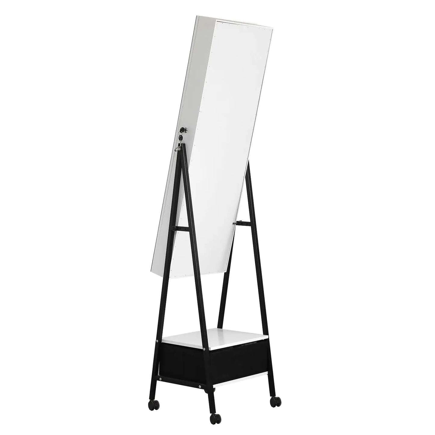 Full mirror wooden floor style, with 1 large drawer, 4 wheels, white light beads, jewelry storage mirror cabinet - white qbmgp8-fy
