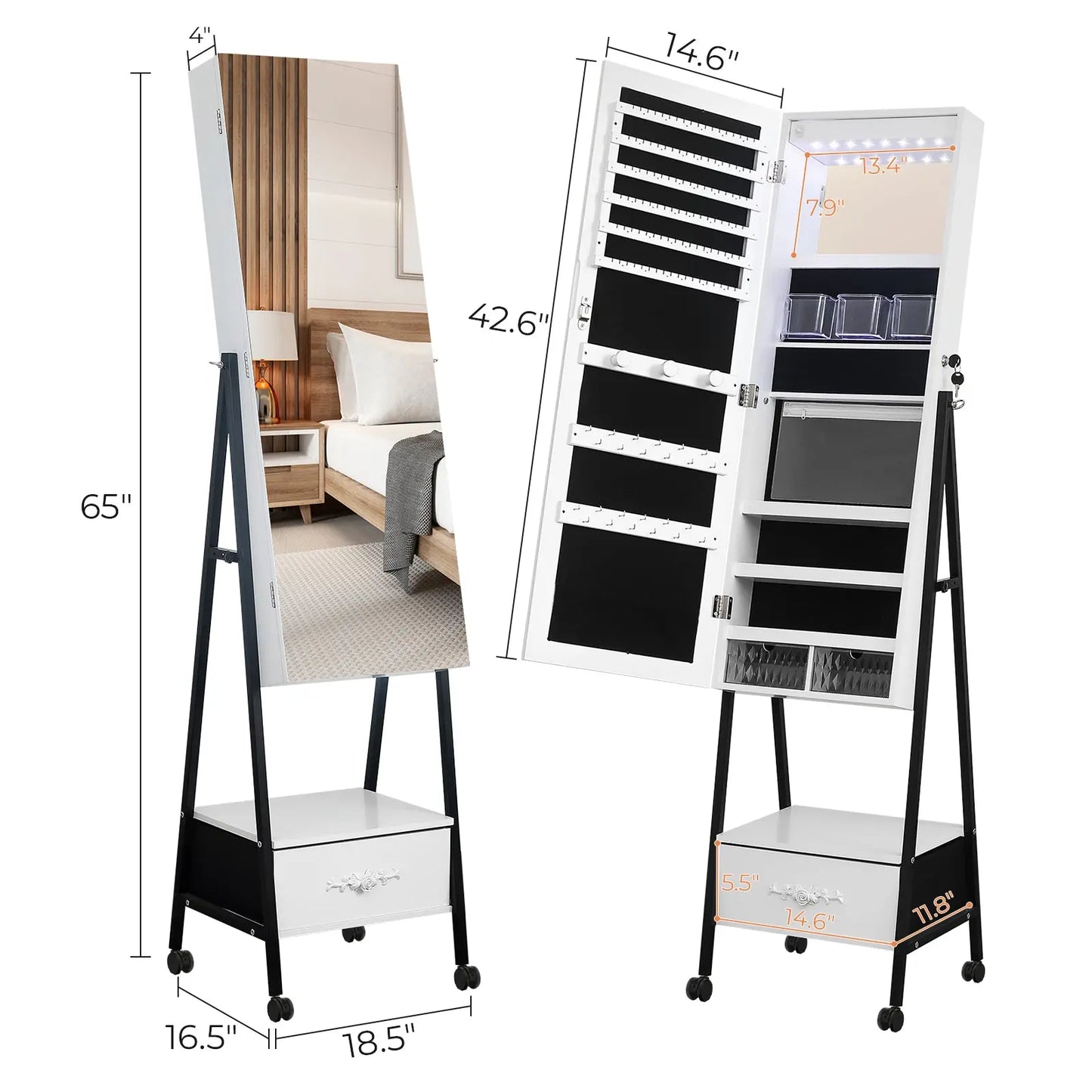 Full mirror wooden floor style, with 1 large drawer, 4 wheels, white light beads, jewelry storage mirror cabinet - white qbmgp8-fy