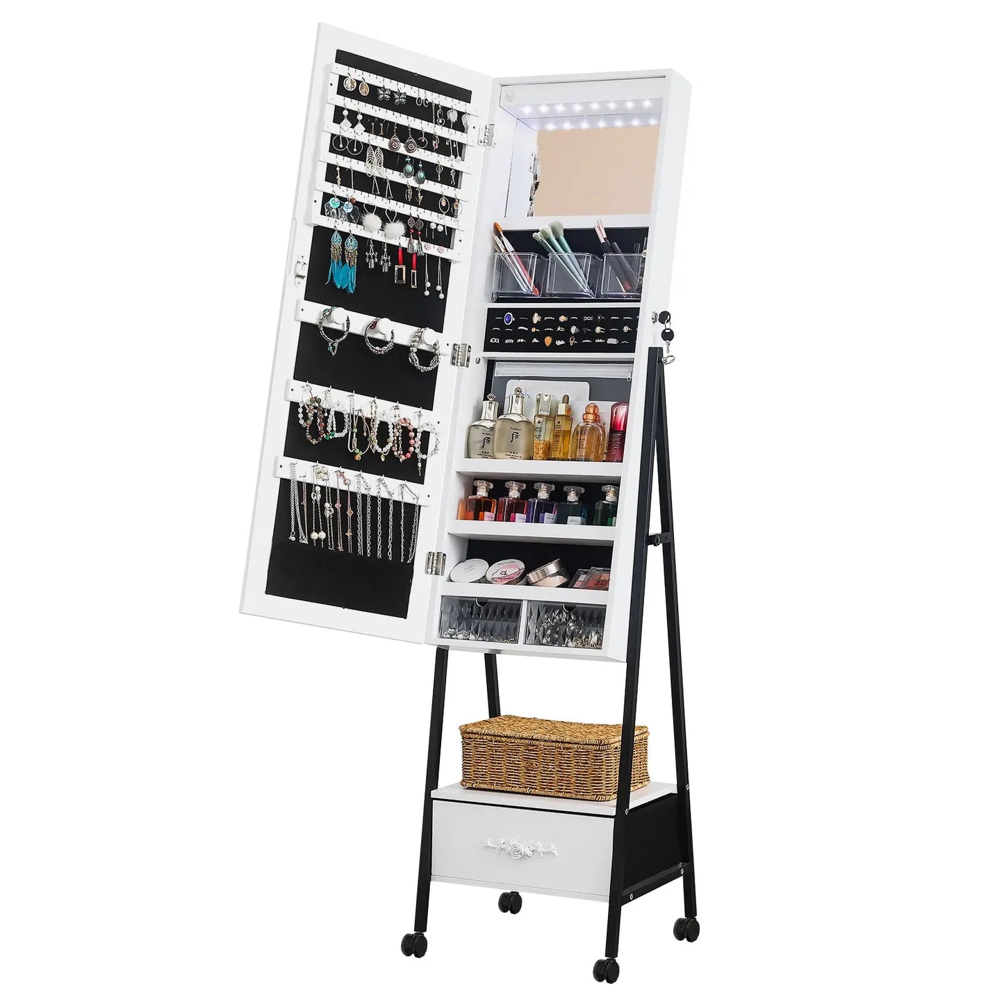 Full mirror wooden floor style, with 1 large drawer, 4 wheels, white light beads, jewelry storage mirror cabinet - white qbmgp8-fy