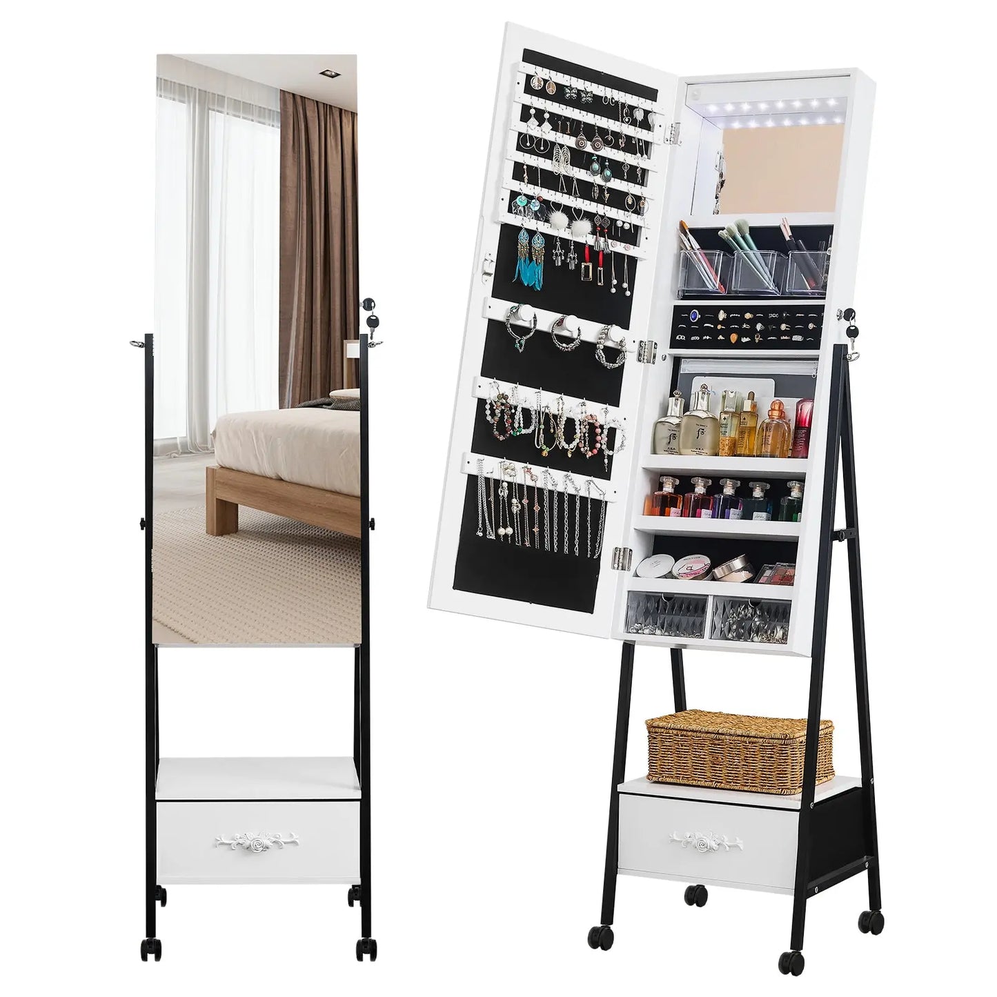 Full mirror wooden floor style, with 1 large drawer, 4 wheels, white light beads, jewelry storage mirror cabinet - white qbmgp8-fy