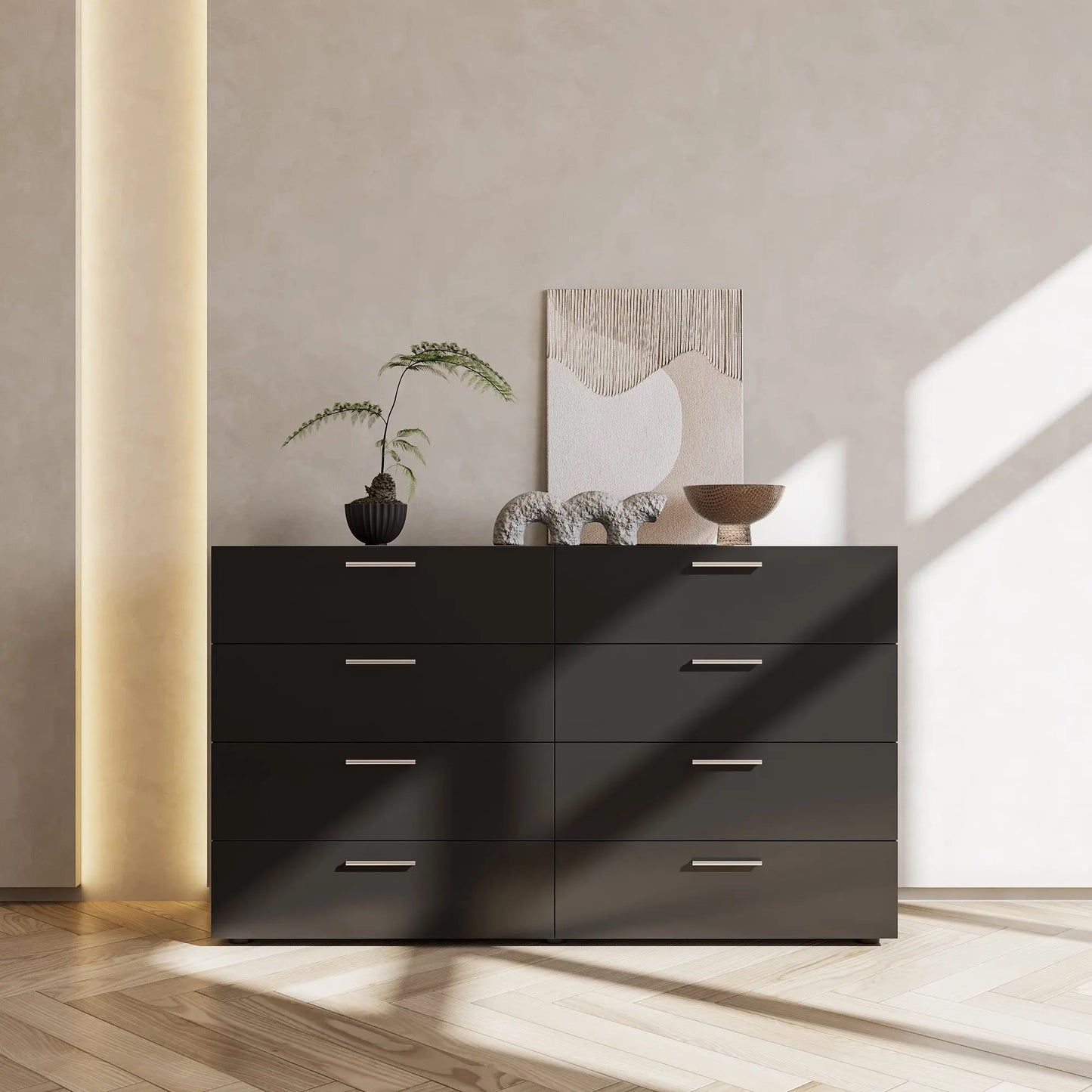 8 Drawer Double Dresser for Bedroom, Wide Storage Cabinet for Living Room Home Entryway, Black qbmgp8-fy