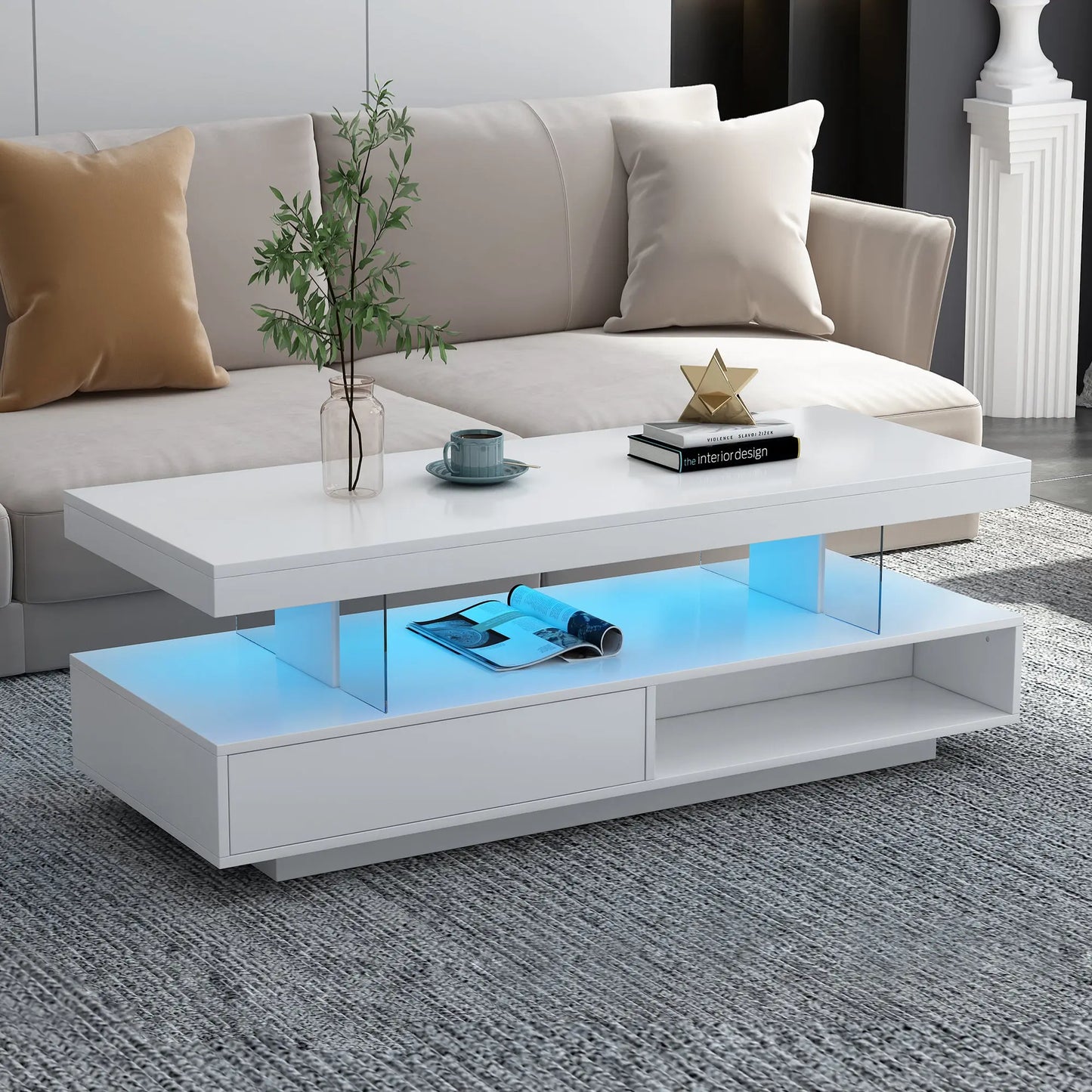 LED Coffee Table with Storage, Modern Center Table with 2 Drawers and Display Shelves, Accent Furniture with LED Lights for Living Room,White qbmgp8-fy