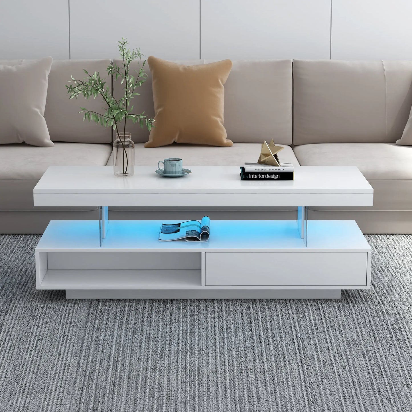 LED Coffee Table with Storage, Modern Center Table with 2 Drawers and Display Shelves, Accent Furniture with LED Lights for Living Room,White qbmgp8-fy