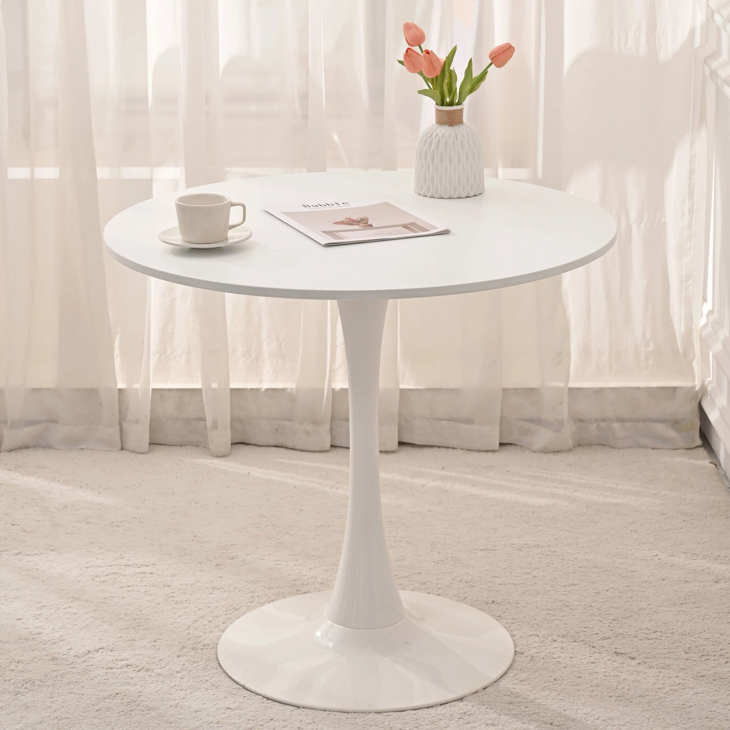 31.5" Round Dining Table, Mid-Century White Tulip Table, Metal Base Pedestal Table for 2-4 Person,Easy Assembled Leisure Coffee Table qbmgp8-fy