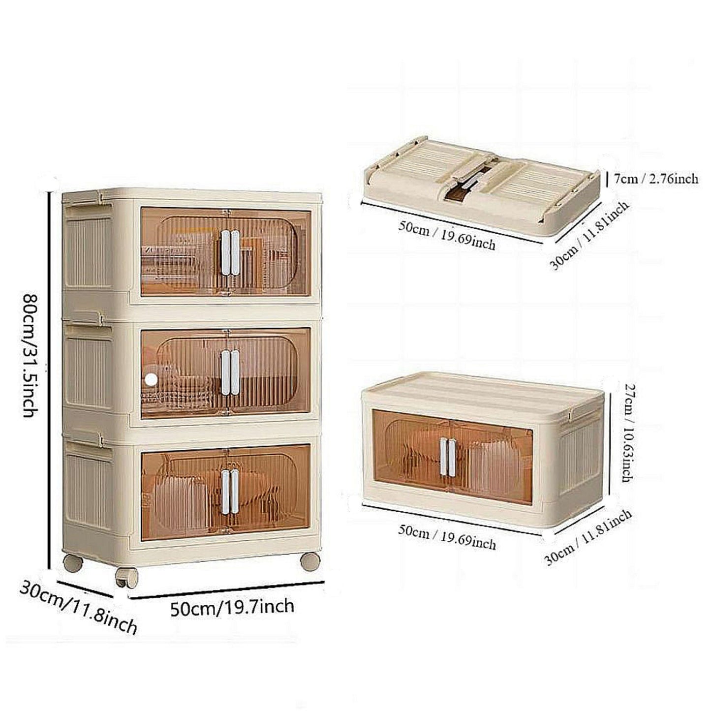 19.69" Side Wide Folding Storage Cabinet ,3 Tiers,19.69"×11.81"×31.1",Collapsible Storage Bins with Magnetic Door, Plastic Storage Cabinet with Wheels, Closet organizers and Storage Containers