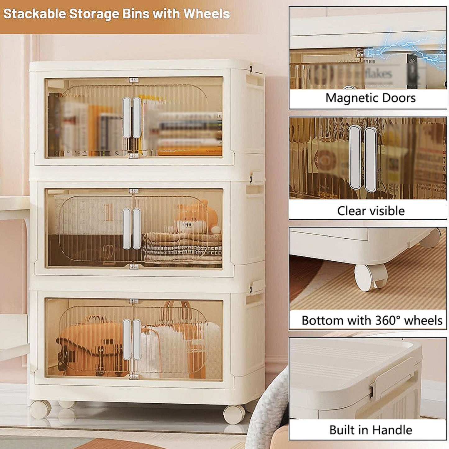 19.69" Side Wide Folding Storage Cabinet ,3 Tiers,19.69"×11.81"×31.1",Collapsible Storage Bins with Magnetic Door, Plastic Storage Cabinet with Wheels, Closet organizers and Storage Containers