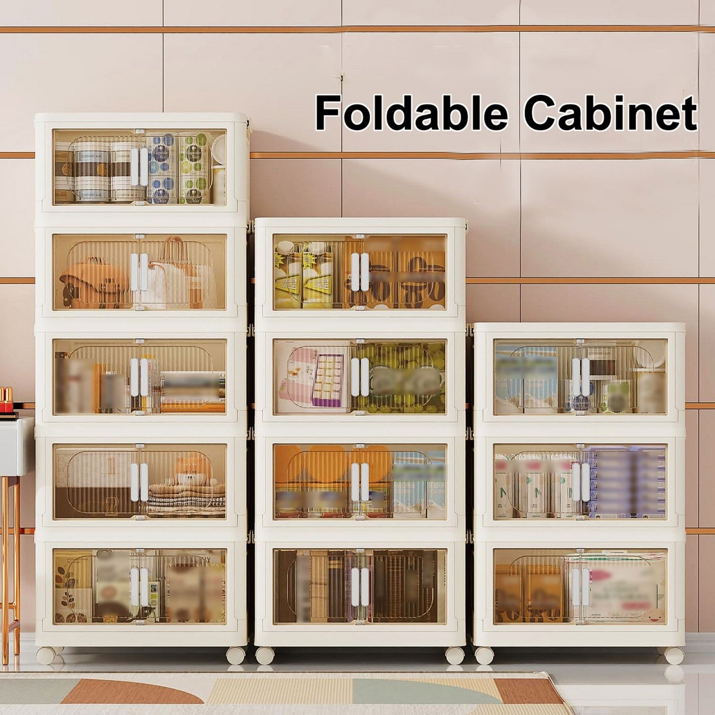 19.69" Side Wide Folding Storage Cabinet ,3 Tiers,19.69"×11.81"×31.1",Collapsible Storage Bins with Magnetic Door, Plastic Storage Cabinet with Wheels, Closet organizers and Storage Containers