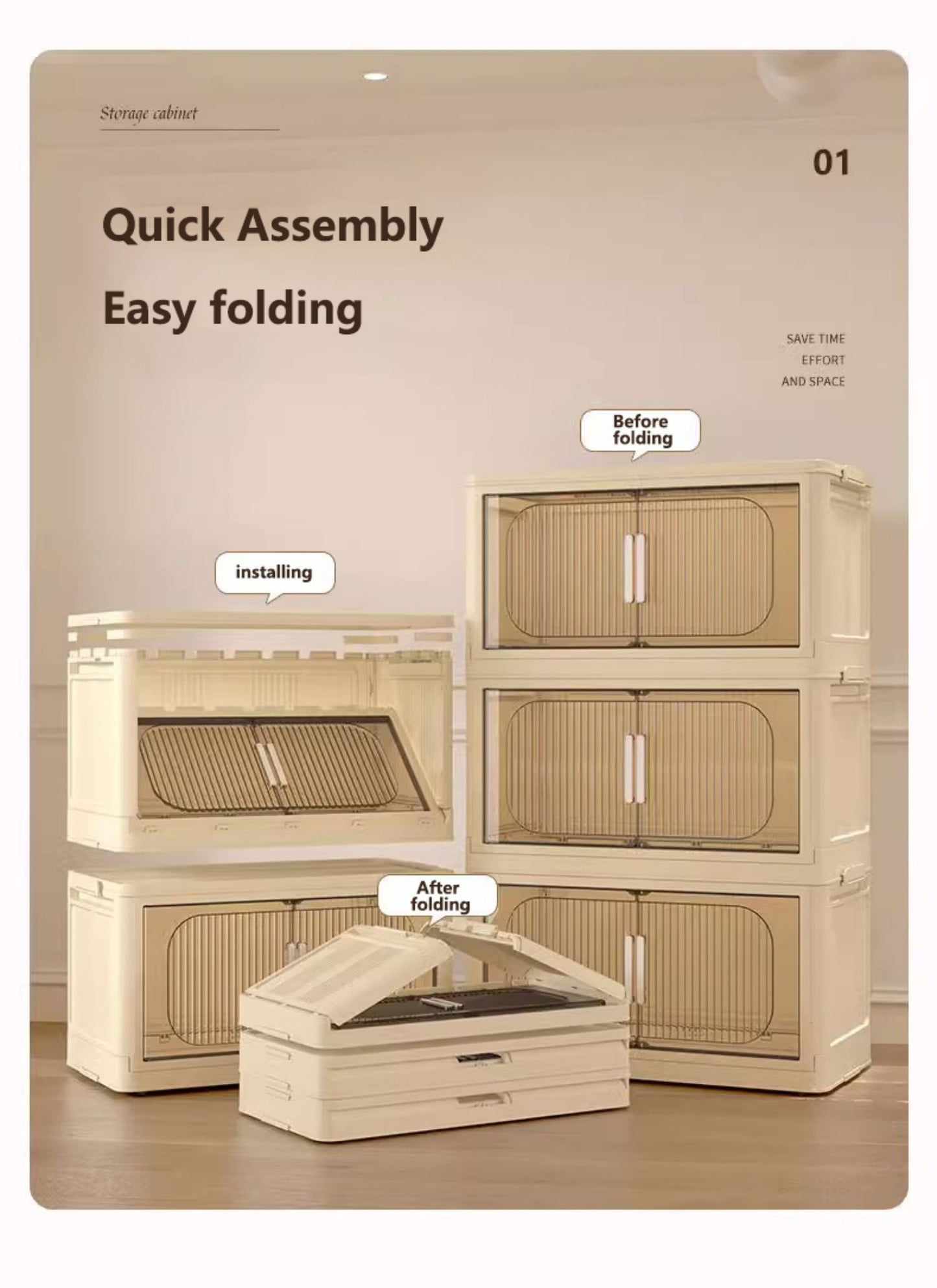 19.69" Side Wide Folding Storage Cabinet ,5 Tiers,19.69"×11.81"×50.00",Collapsible Storage Bins with Magnetic Door, Plastic Storage Cabinet with Wheels, Closet organizers and Storage Containers