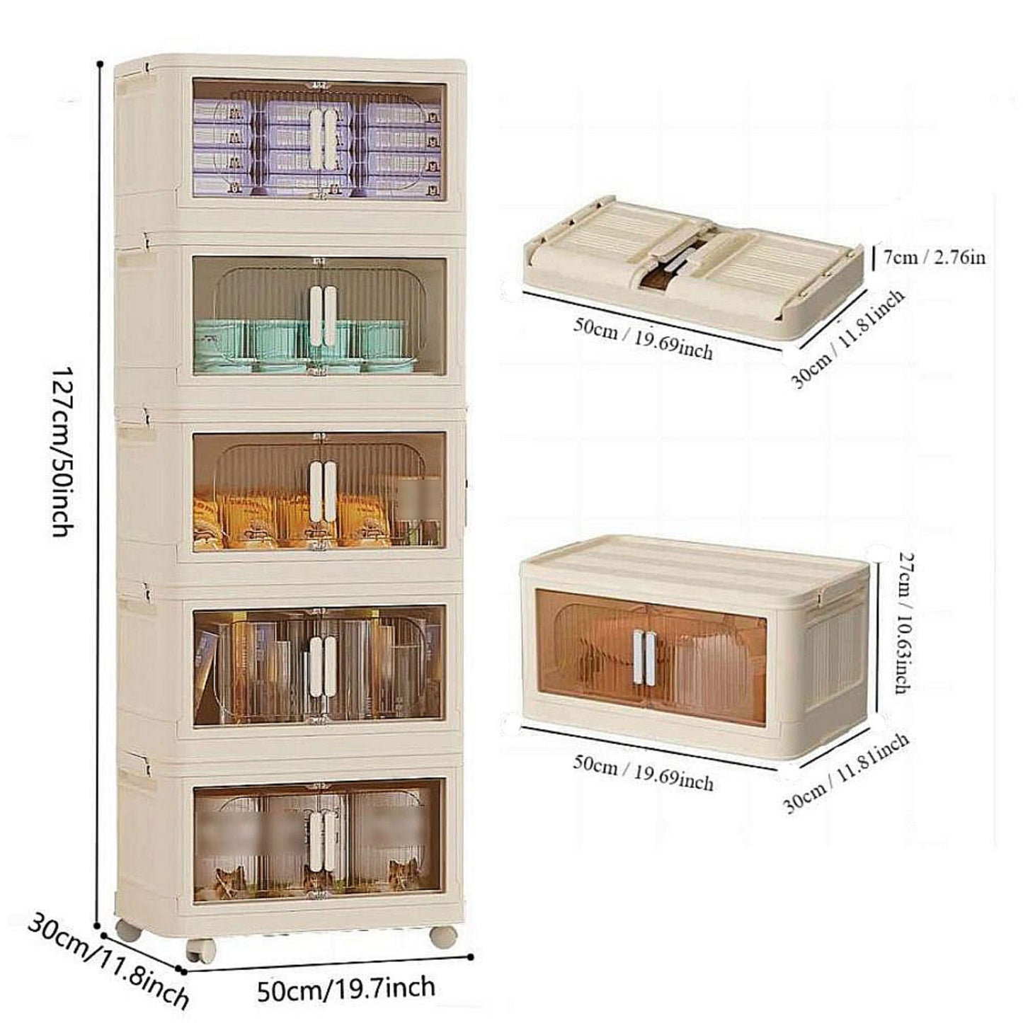19.69" Side Wide Folding Storage Cabinet ,5 Tiers,19.69"×11.81"×50.00",Collapsible Storage Bins with Magnetic Door, Plastic Storage Cabinet with Wheels, Closet organizers and Storage Containers