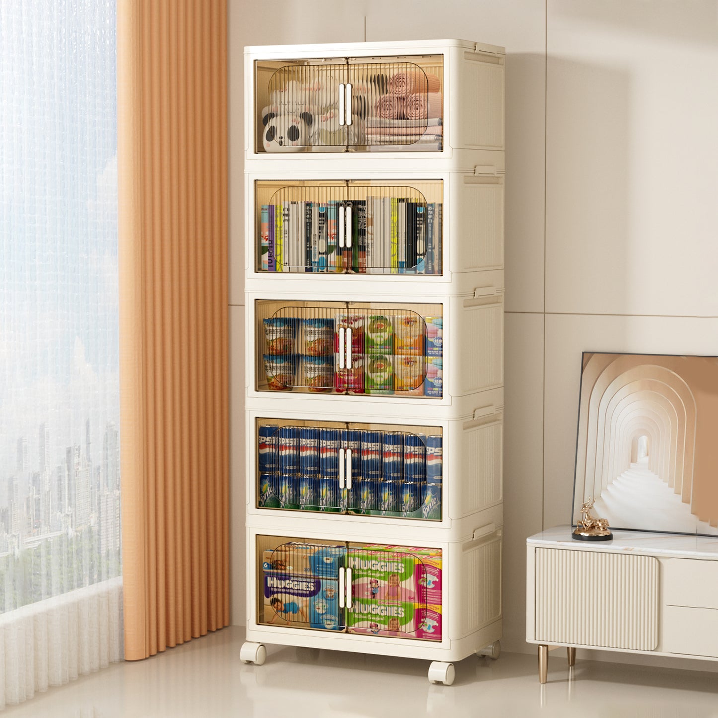 19.69" Side Wide Folding Storage Cabinet ,5 Tiers,19.69"×11.81"×50.00",Collapsible Storage Bins with Magnetic Door, Plastic Storage Cabinet with Wheels, Closet organizers and Storage Containers