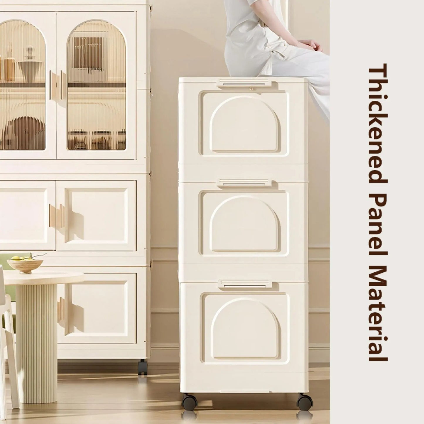 25.59" Side Wide Folding Wardrobe , 25.59"×15.75"×57.09", with Magnetic Door, Plastic Storage Cabinet with Wheels( one layer of wardrobe + two layers of folding boxes+10 hangers ) qbmgp8-fy