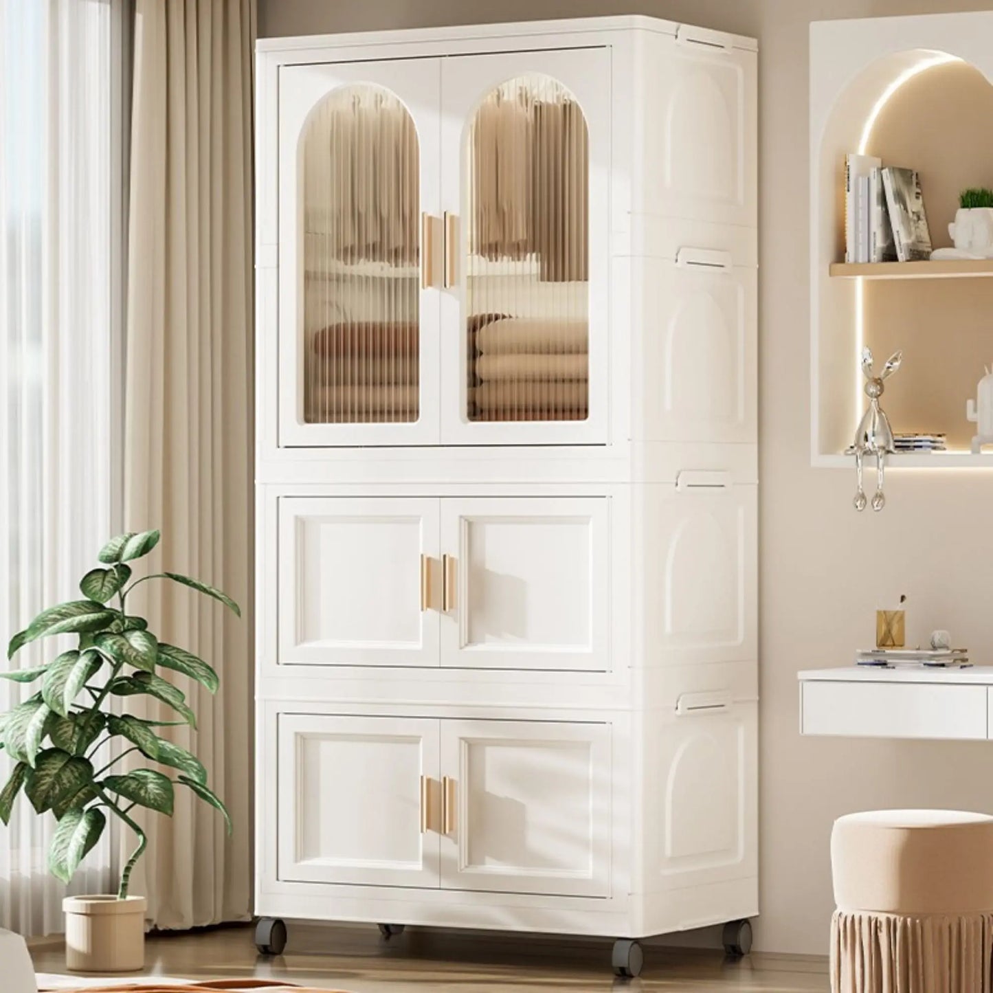 25.59" Side Wide Folding Wardrobe , 25.59"×15.75"×57.09", with Magnetic Door, Plastic Storage Cabinet with Wheels( one layer of wardrobe + two layers of folding boxes+10 hangers ) qbmgp8-fy