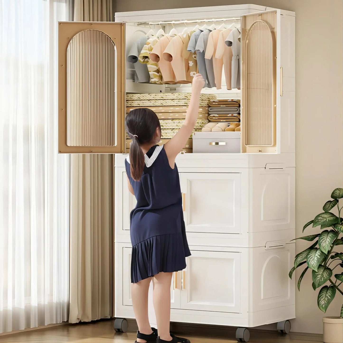 25.59" Side Wide Folding Wardrobe , 25.59"×15.75"×57.09", with Magnetic Door, Plastic Storage Cabinet with Wheels( one layer of wardrobe + two layers of folding boxes+10 hangers ) qbmgp8-fy