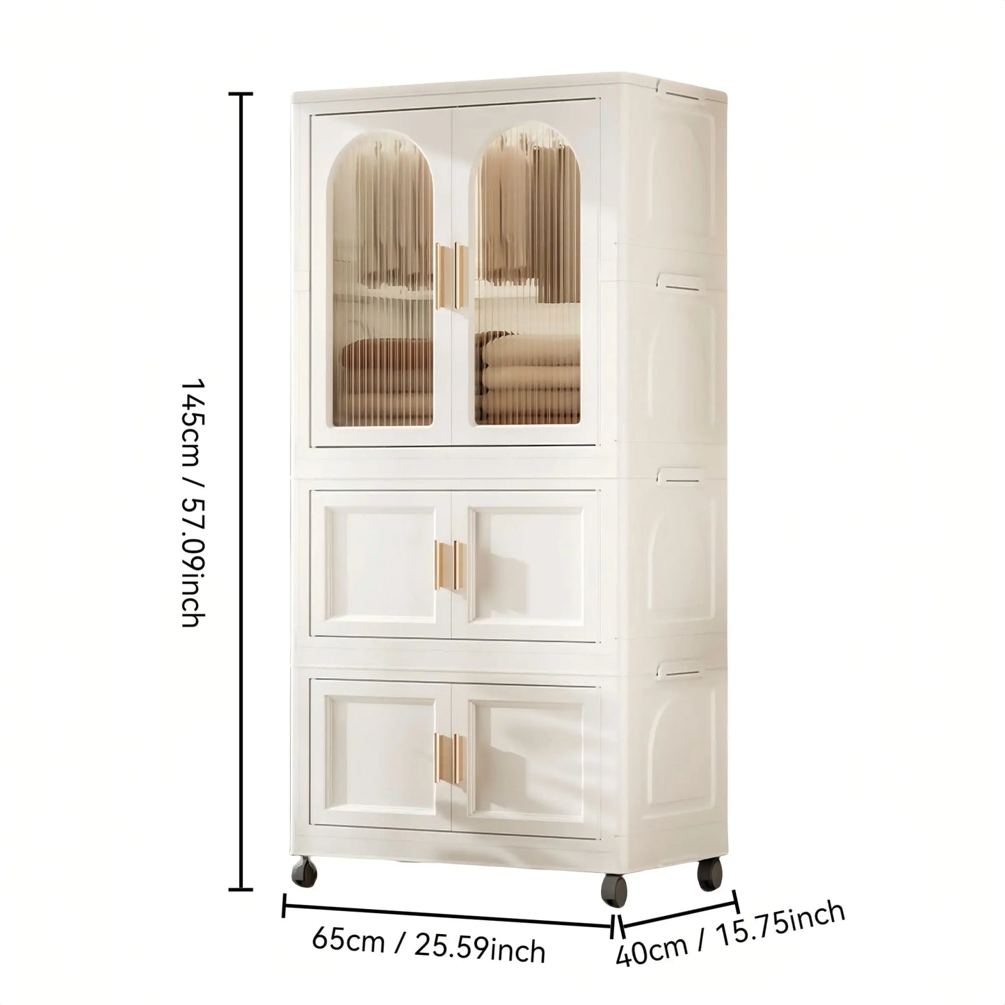 25.59" Side Wide Folding Wardrobe , 25.59"×15.75"×57.09", with Magnetic Door, Plastic Storage Cabinet with Wheels( one layer of wardrobe + two layers of folding boxes+10 hangers ) qbmgp8-fy