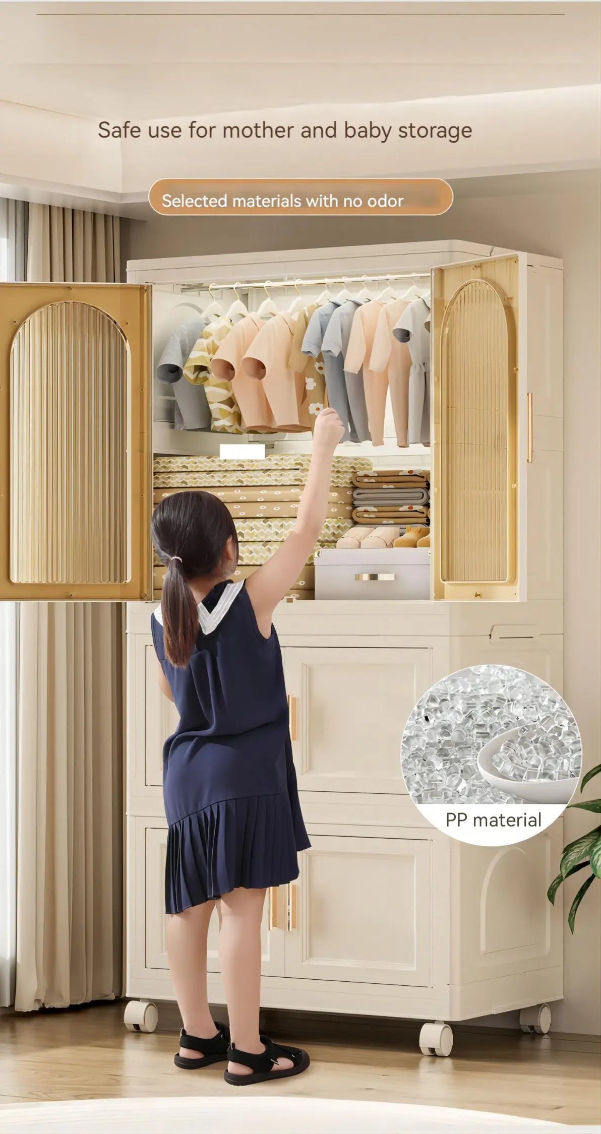 25.59" Side Wide Folding Wardrobe , 25.59"×15.75"×57.09", with Magnetic Door, Plastic Storage Cabinet with Wheels( one layer of wardrobe + two layers of folding boxes+10 hangers ) qbmgp8-fy