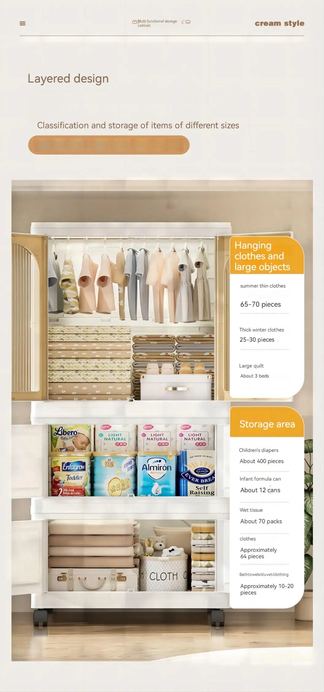 25.59" Side Wide Folding Wardrobe , 25.59"×15.75"×57.09", with Magnetic Door, Plastic Storage Cabinet with Wheels( one layer of wardrobe + two layers of folding boxes+10 hangers ) qbmgp8-fy