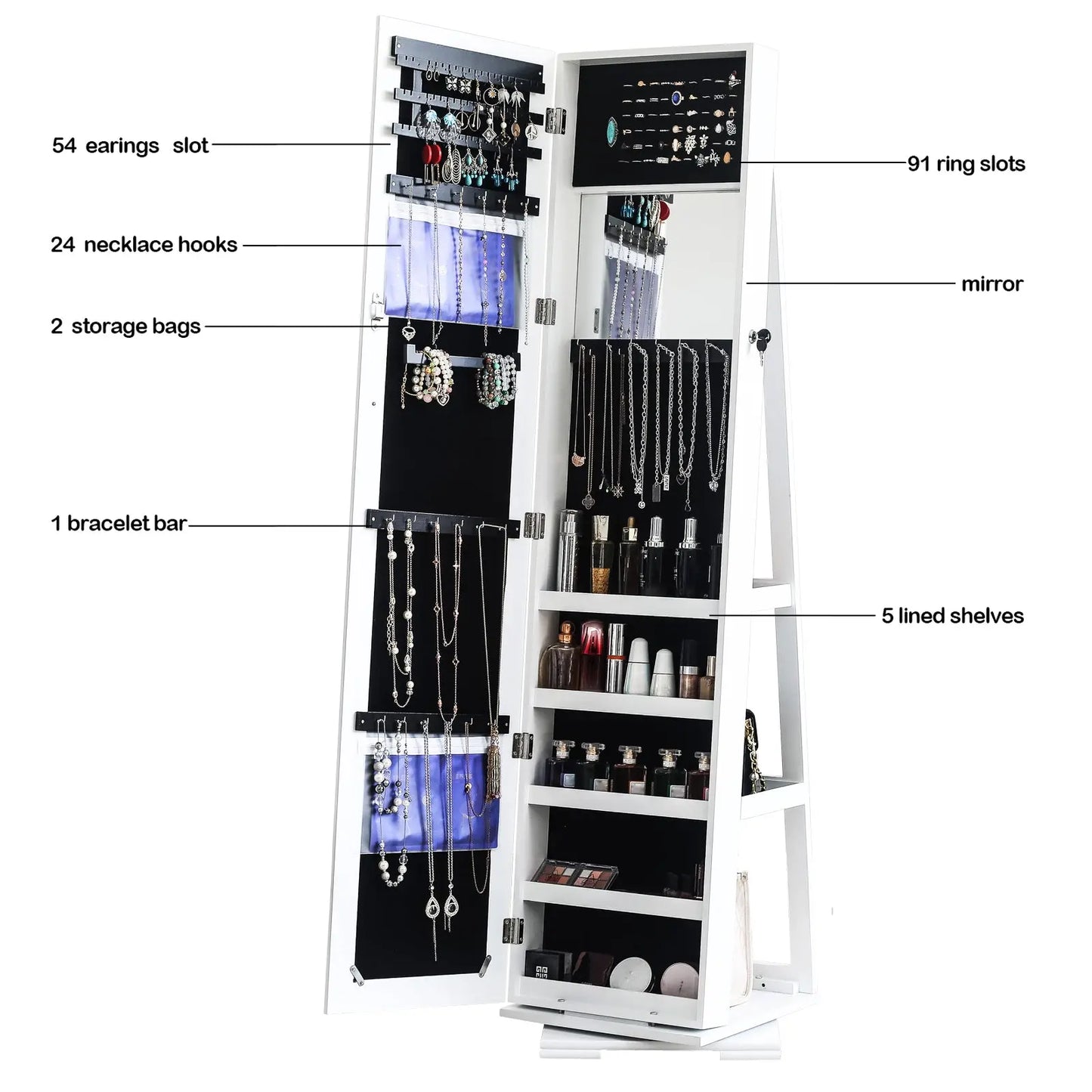 360 Degree Rotation Full-Body Mirror Cabinet PVC Film Moisture-Proof Dressing Mirror Cabinet Super Storage Jewelry Storage Mirror Cabinet White qbmgp8-fy