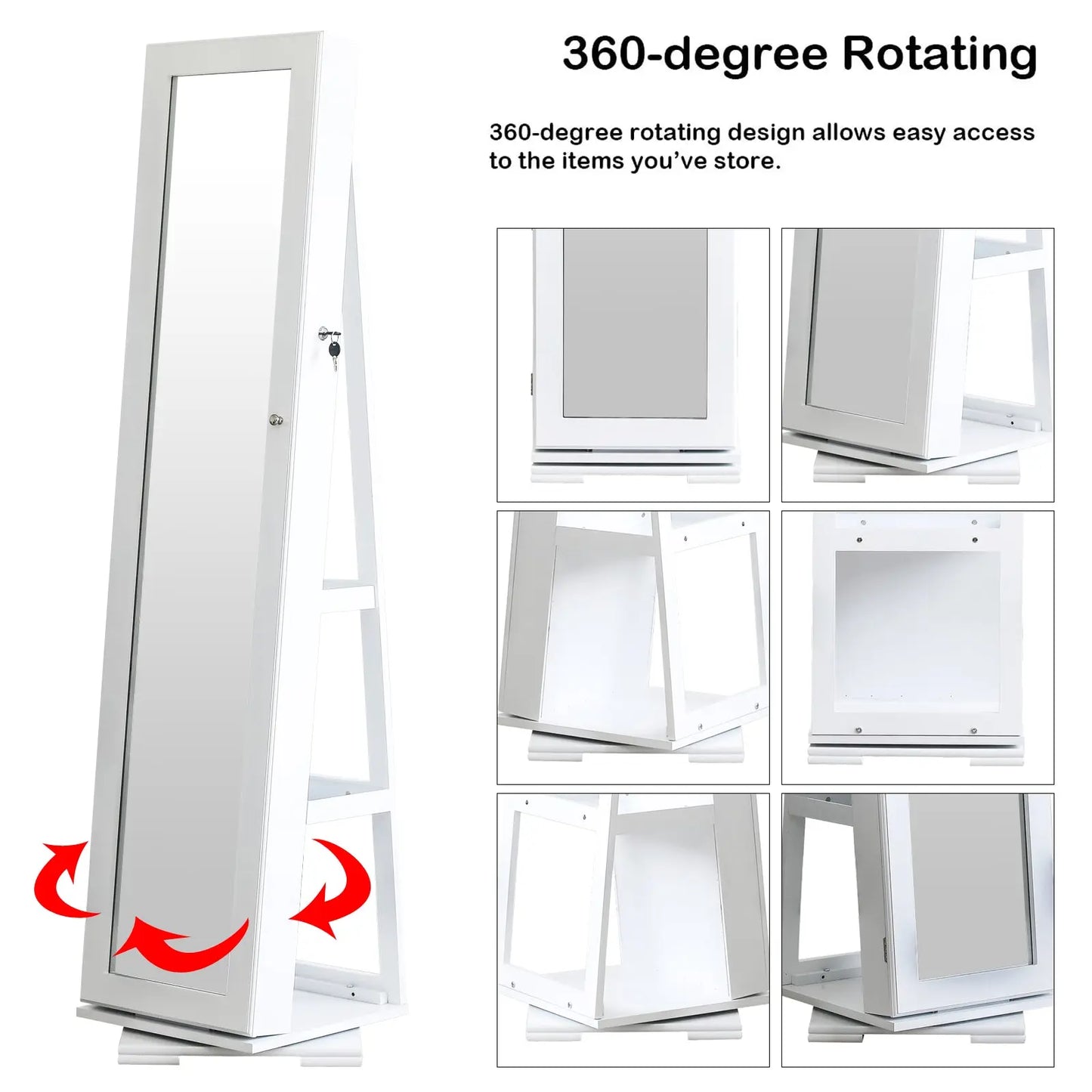 360 Degree Rotation Full-Body Mirror Cabinet PVC Film Moisture-Proof Dressing Mirror Cabinet Super Storage Jewelry Storage Mirror Cabinet White qbmgp8-fy