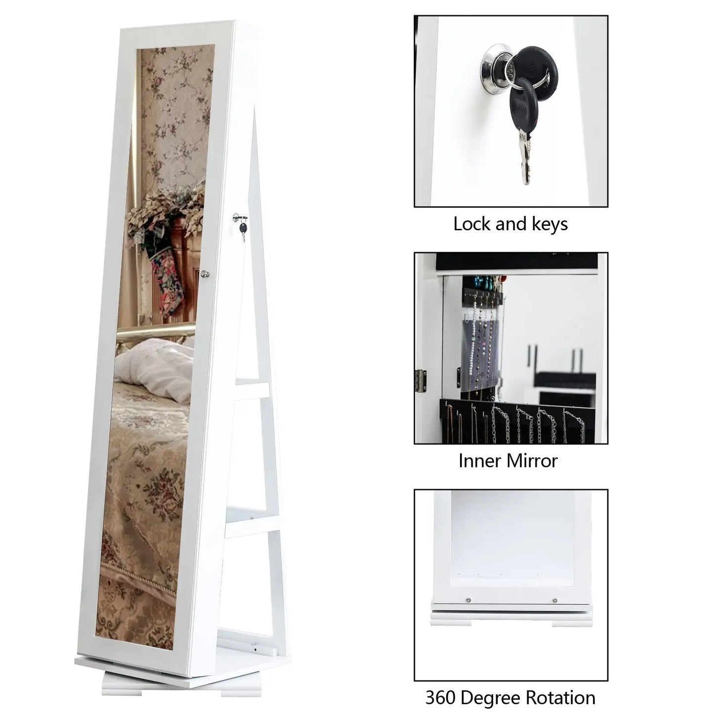 360 Degree Rotation Full-Body Mirror Cabinet PVC Film Moisture-Proof Dressing Mirror Cabinet Super Storage Jewelry Storage Mirror Cabinet White qbmgp8-fy
