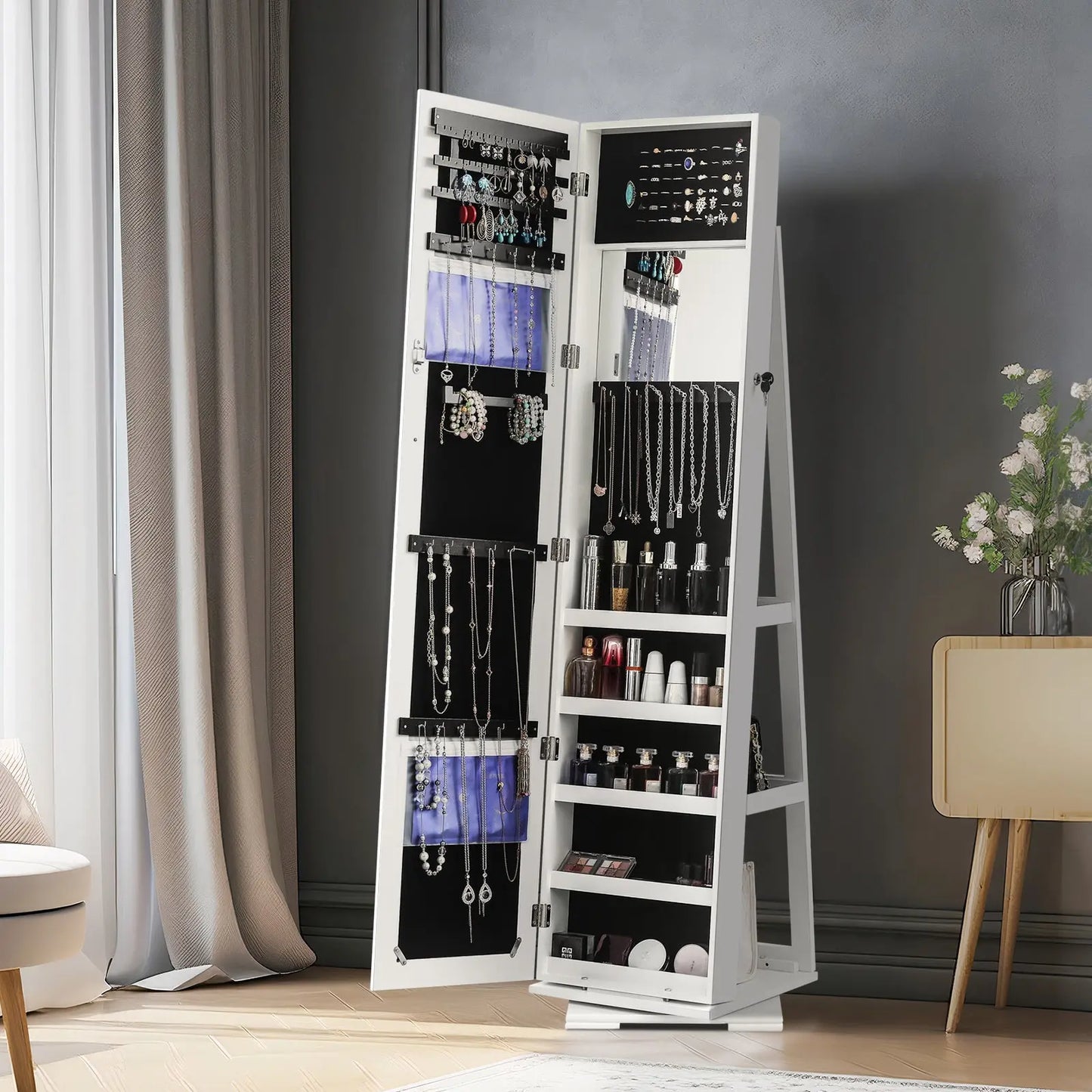 360 Degree Rotation Full-Body Mirror Cabinet PVC Film Moisture-Proof Dressing Mirror Cabinet Super Storage Jewelry Storage Mirror Cabinet White qbmgp8-fy