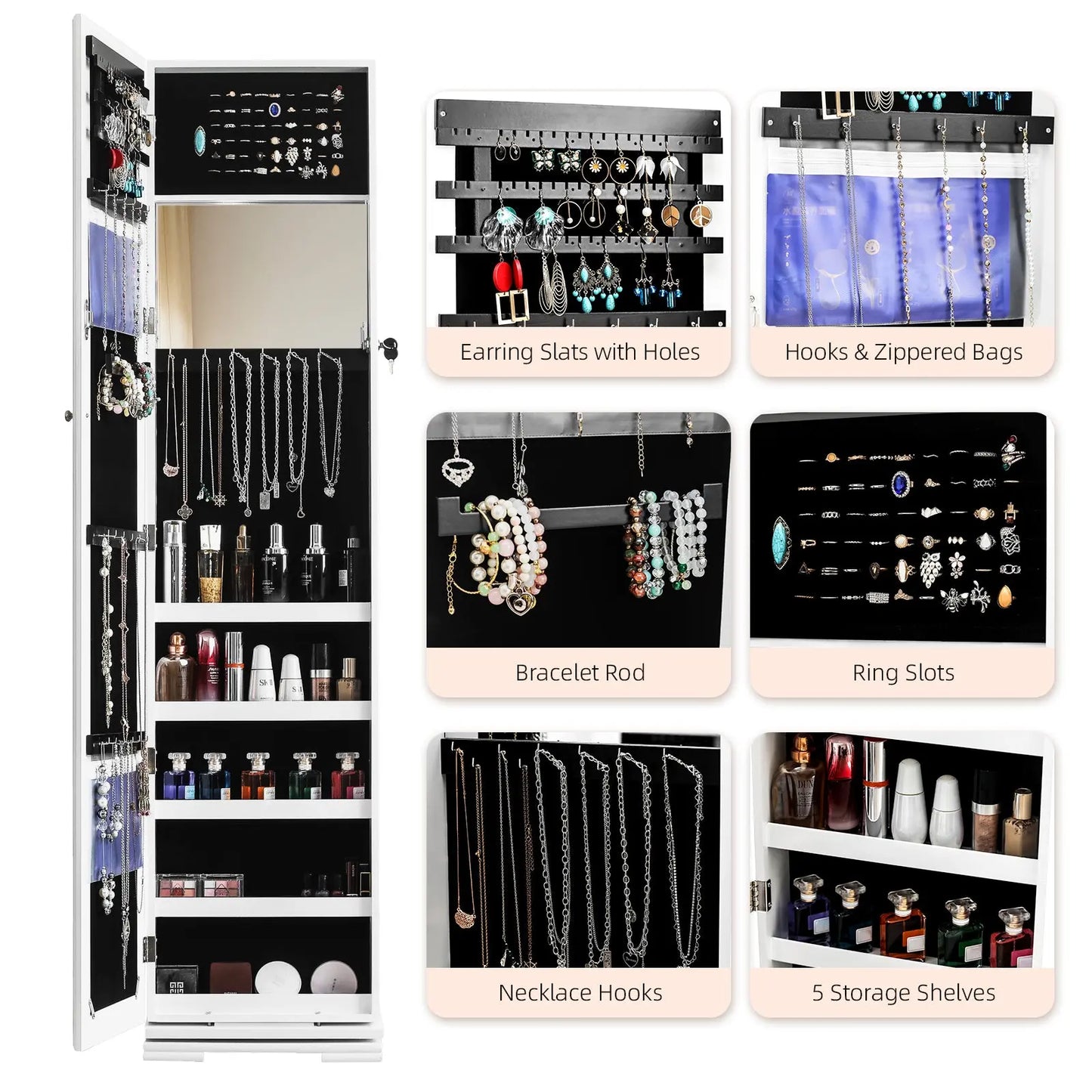 360 Degree Rotation Full-Body Mirror Cabinet PVC Film Moisture-Proof Dressing Mirror Cabinet Super Storage Jewelry Storage Mirror Cabinet White qbmgp8-fy