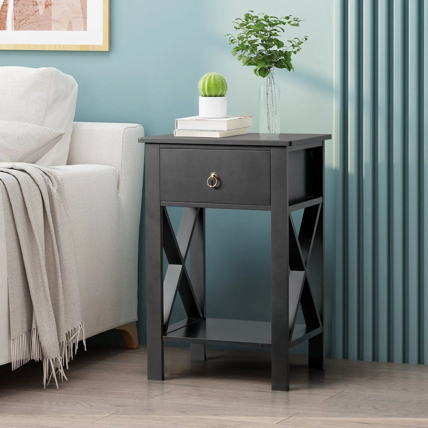 2PCS Side Intersection Style Bedside Table Coffee Table with Two-layer Drawer Black qbmgp8-fy