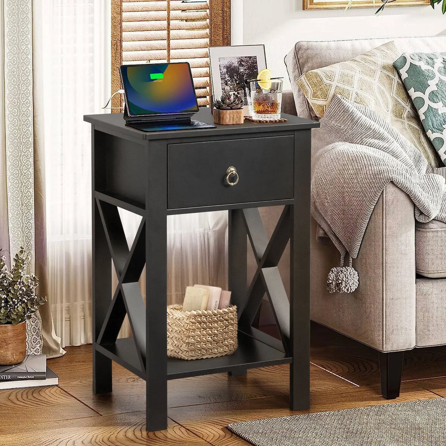 2PCS Side Intersection Style Bedside Table Coffee Table with Two-layer Drawer Black qbmgp8-fy