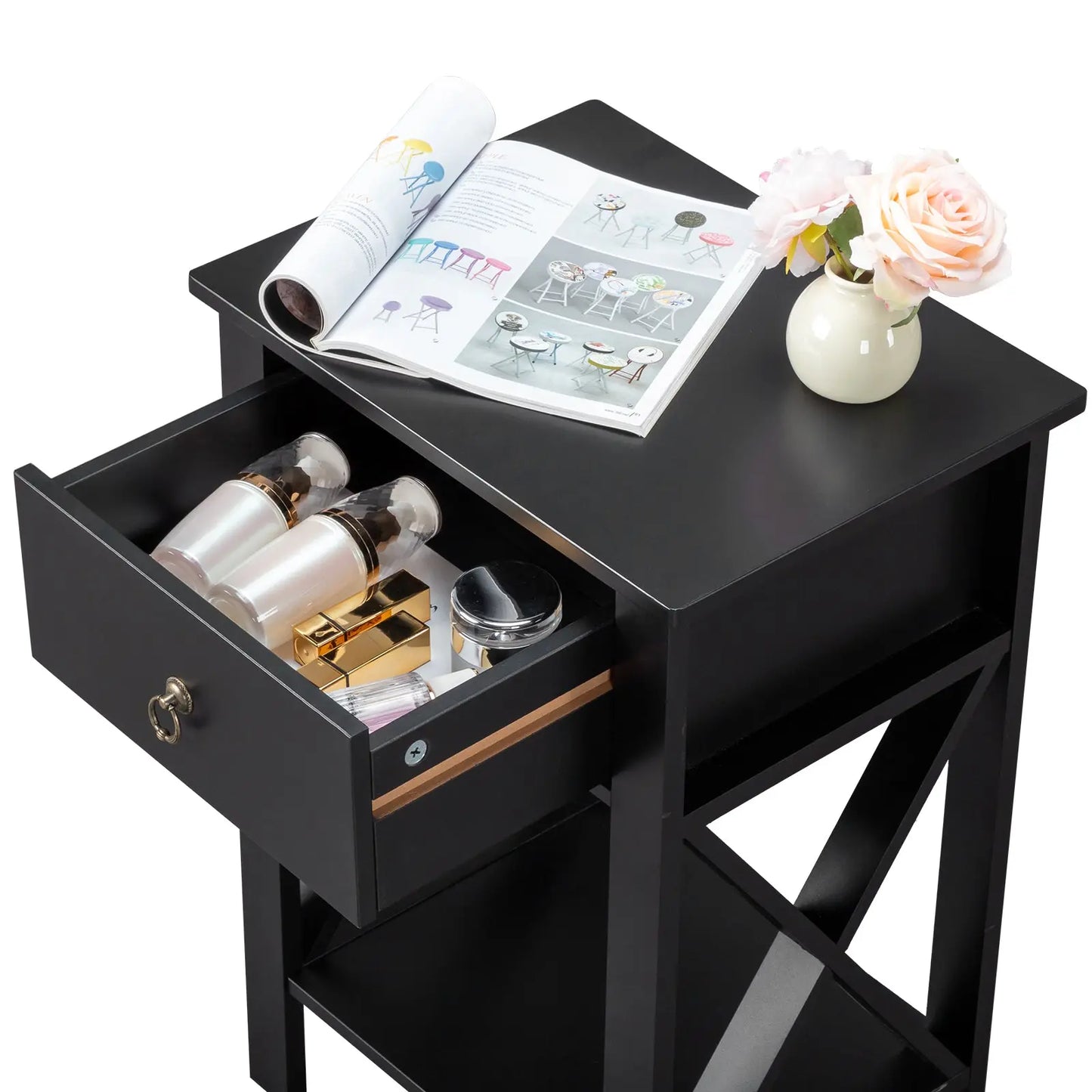 2PCS Side Intersection Style Bedside Table Coffee Table with Two-layer Drawer Black qbmgp8-fy