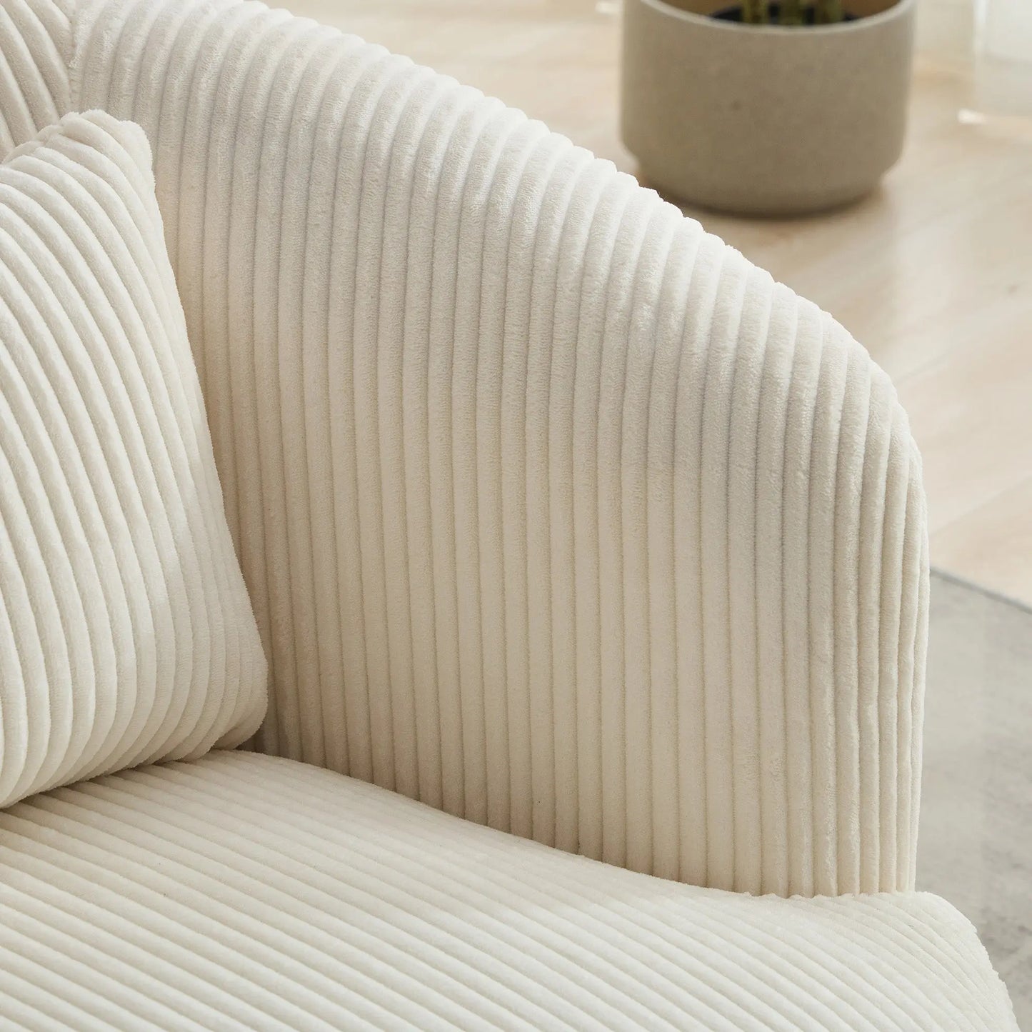 34.25 "Wide Upholstered Corduroy Metal Base 360° Swivel Barrel Soft Chair with Pillow, for Club, Living Room, Bedroom, Office as well as Reading Armchair, Ivory. qbmgp8-fy